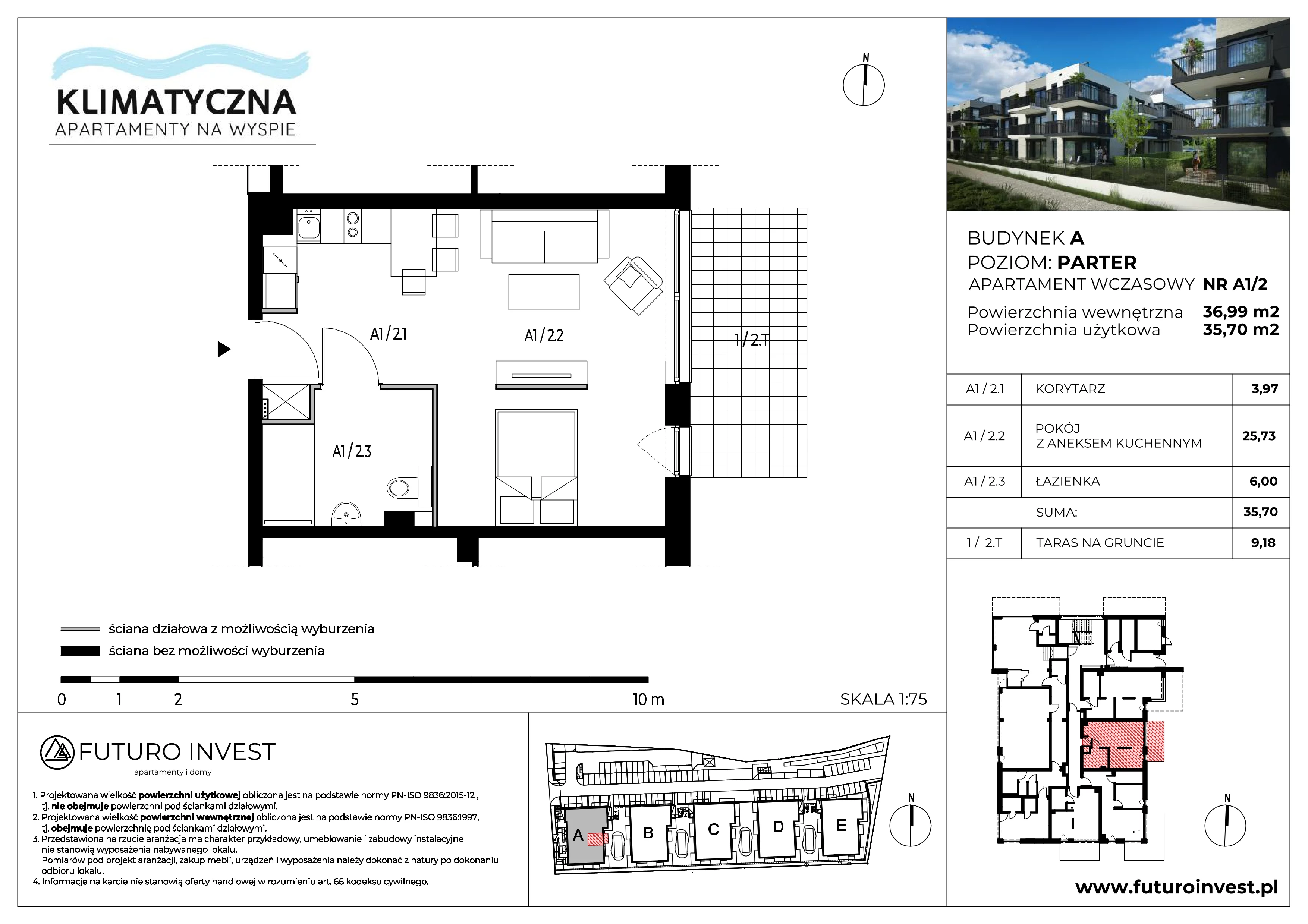 2 pokoje, apartament inwestycyjny 35,94 m², parter, oferta nr A1/2, Apartamenty Klimatyczna, Gdańsk, Wyspa Sobieszewska, ul. Klimatyczna 88