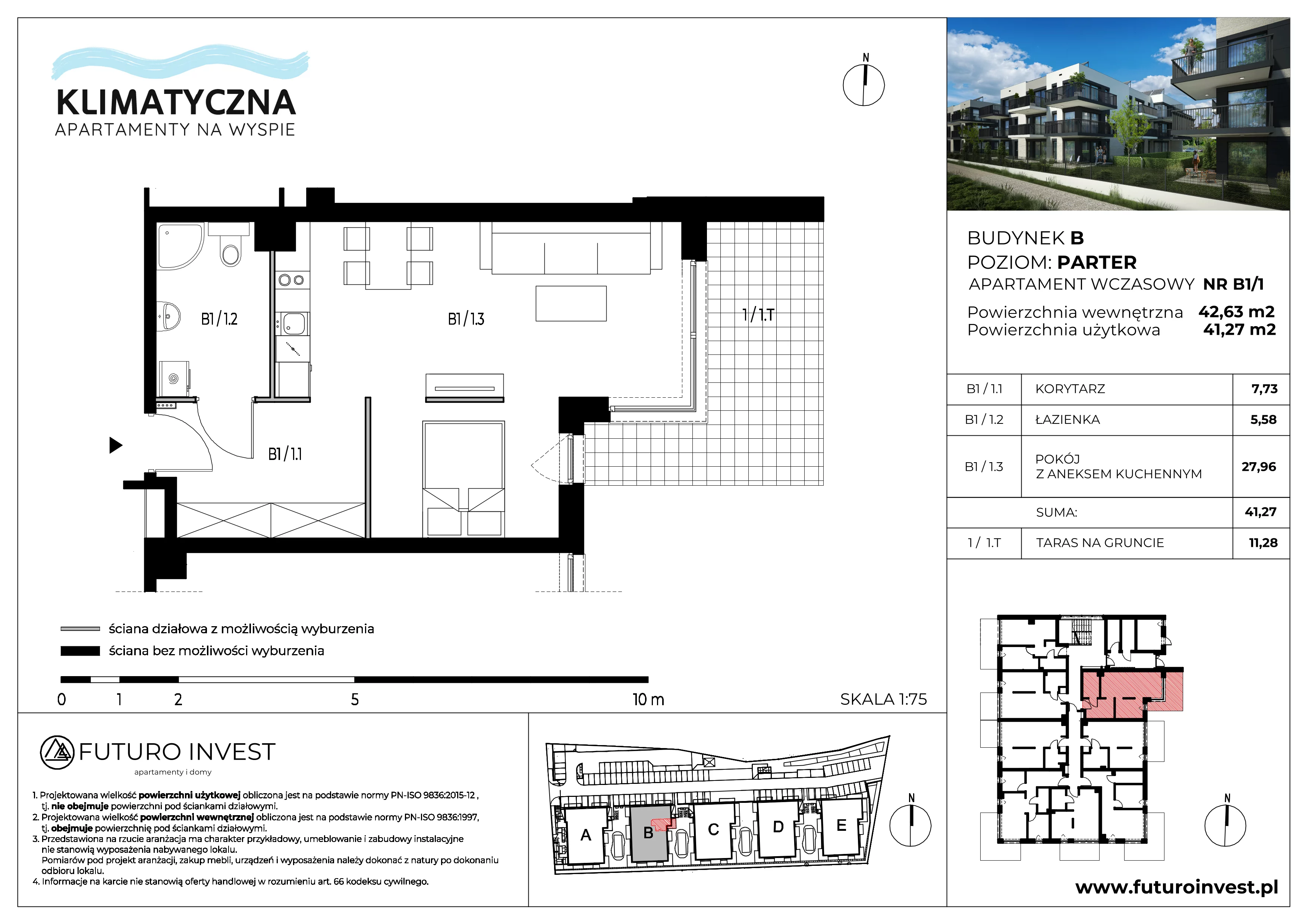 2 pokoje, apartament inwestycyjny 41,27 m², parter, oferta nr B1/1, Apartamenty Klimatyczna, Gdańsk, Wyspa Sobieszewska, ul. Klimatyczna 88