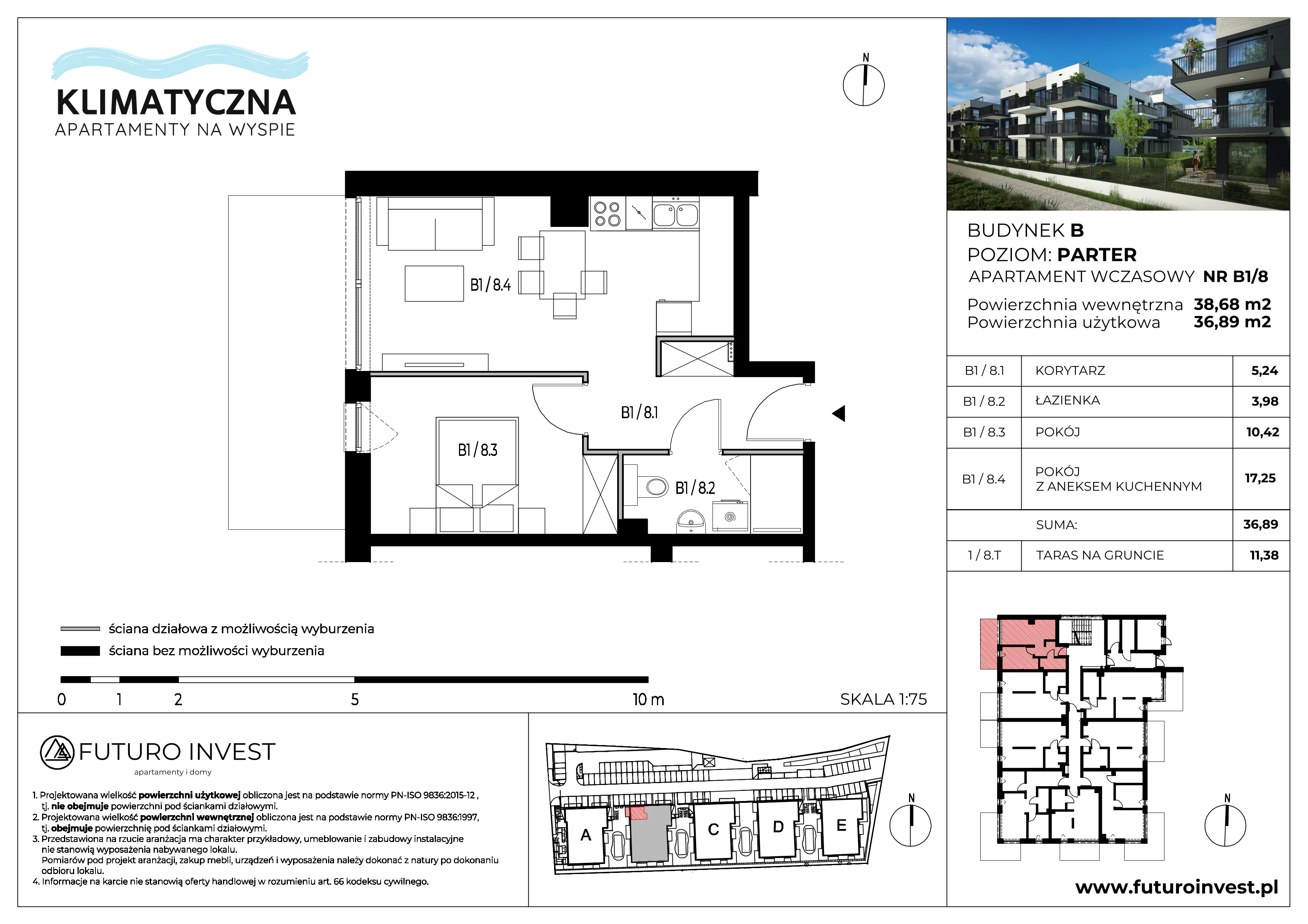 2 pokoje, apartament inwestycyjny 36,89 m², parter, oferta nr B1/8, Apartamenty Klimatyczna, Gdańsk, Wyspa Sobieszewska, ul. Klimatyczna 88