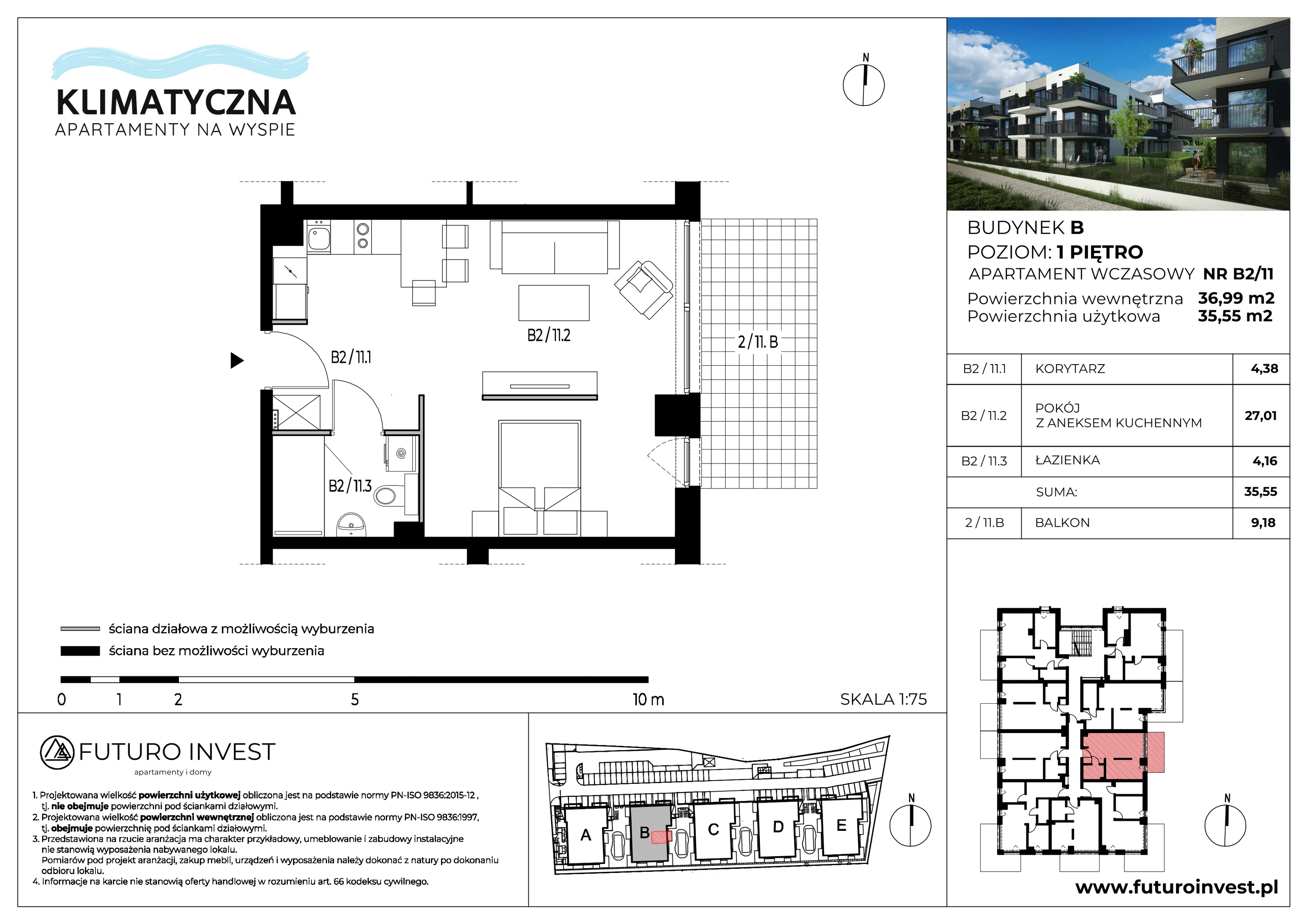 2 pokoje, apartament 35,55 m², piętro 1, oferta nr B2/11, Apartamenty Klimatyczna, Gdańsk, Wyspa Sobieszewska, ul. Klimatyczna 88