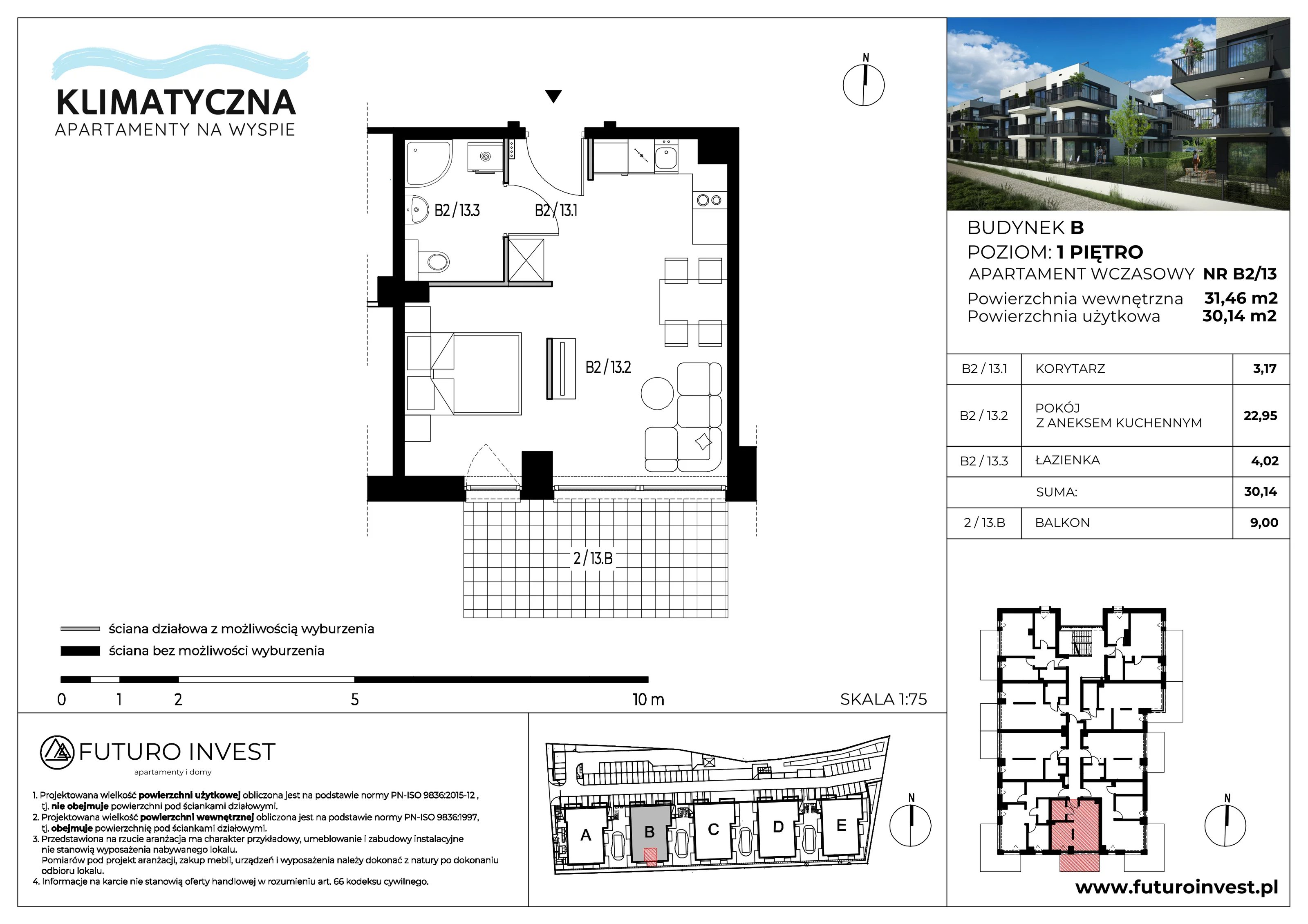2 pokoje, apartament 30,14 m², piętro 1, oferta nr B2/13, Apartamenty Klimatyczna, Gdańsk, Wyspa Sobieszewska, ul. Klimatyczna 88
