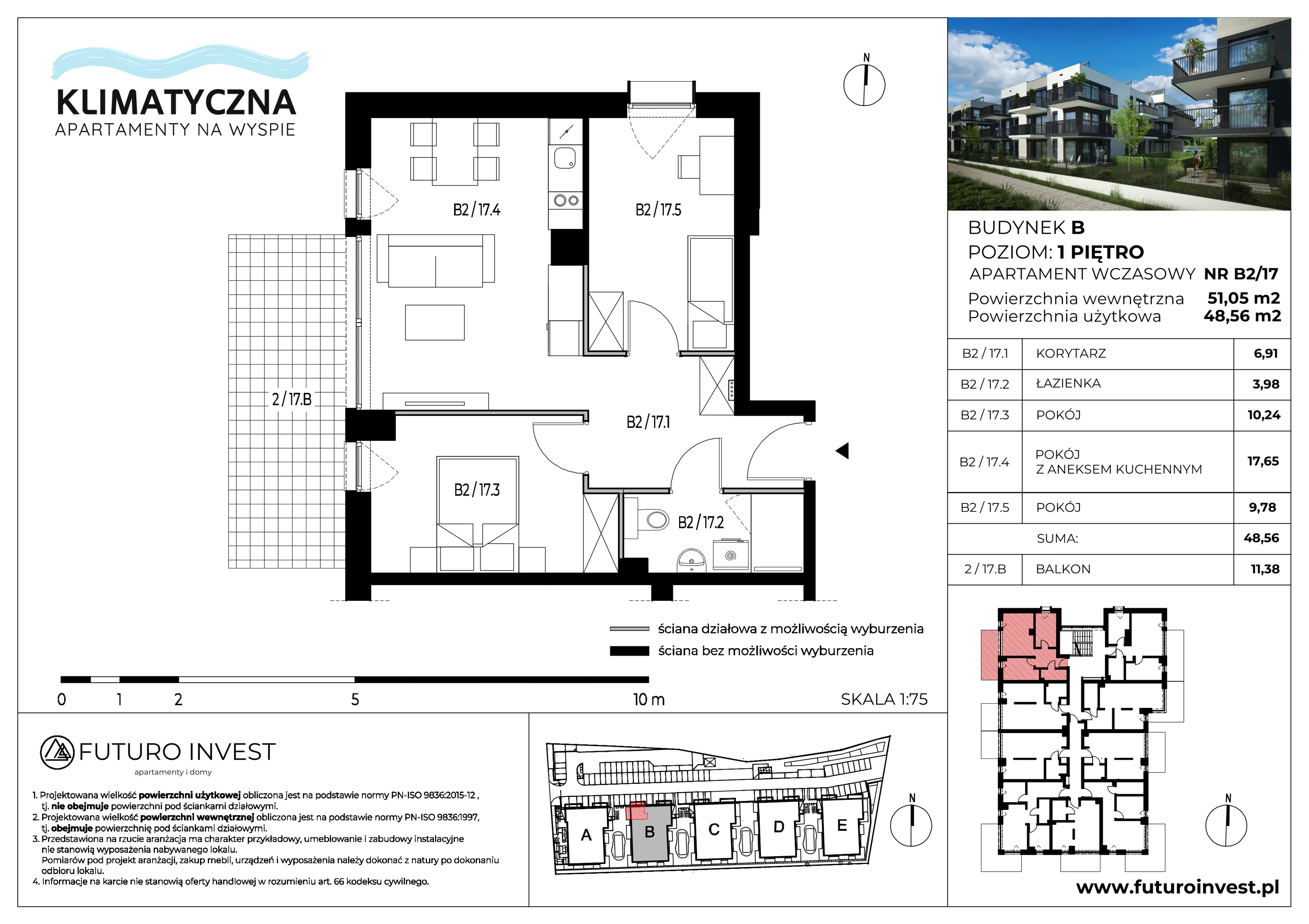 3 pokoje, apartament 48,56 m², piętro 1, oferta nr B2/17, Apartamenty Klimatyczna, Gdańsk, Wyspa Sobieszewska, ul. Klimatyczna 88