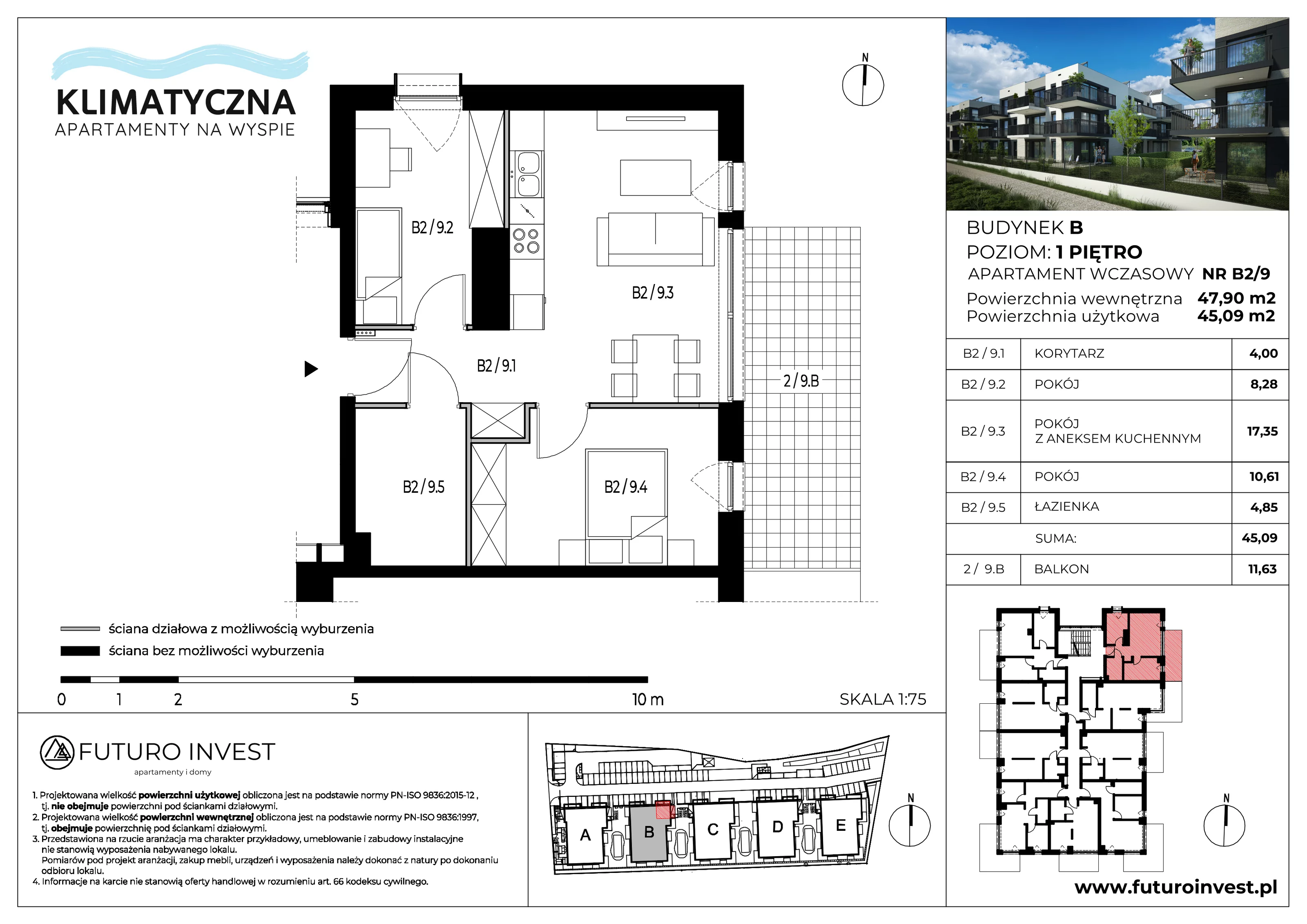3 pokoje, apartament 45,09 m², piętro 1, oferta nr B2/9, Apartamenty Klimatyczna, Gdańsk, Wyspa Sobieszewska, ul. Klimatyczna 88