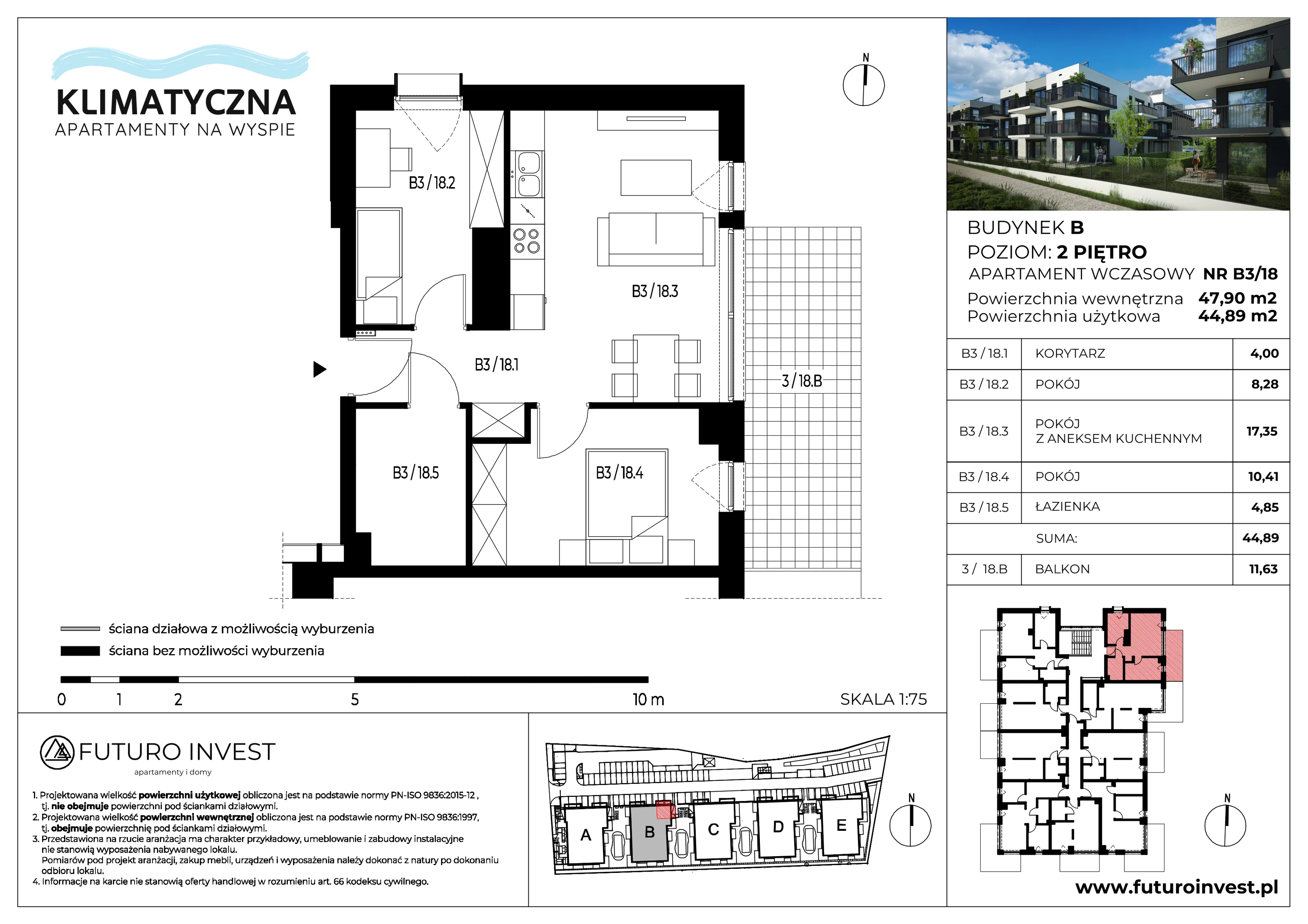 3 pokoje, apartament 44,89 m², piętro 2, oferta nr B3/18, Apartamenty Klimatyczna, Gdańsk, Wyspa Sobieszewska, ul. Klimatyczna 88