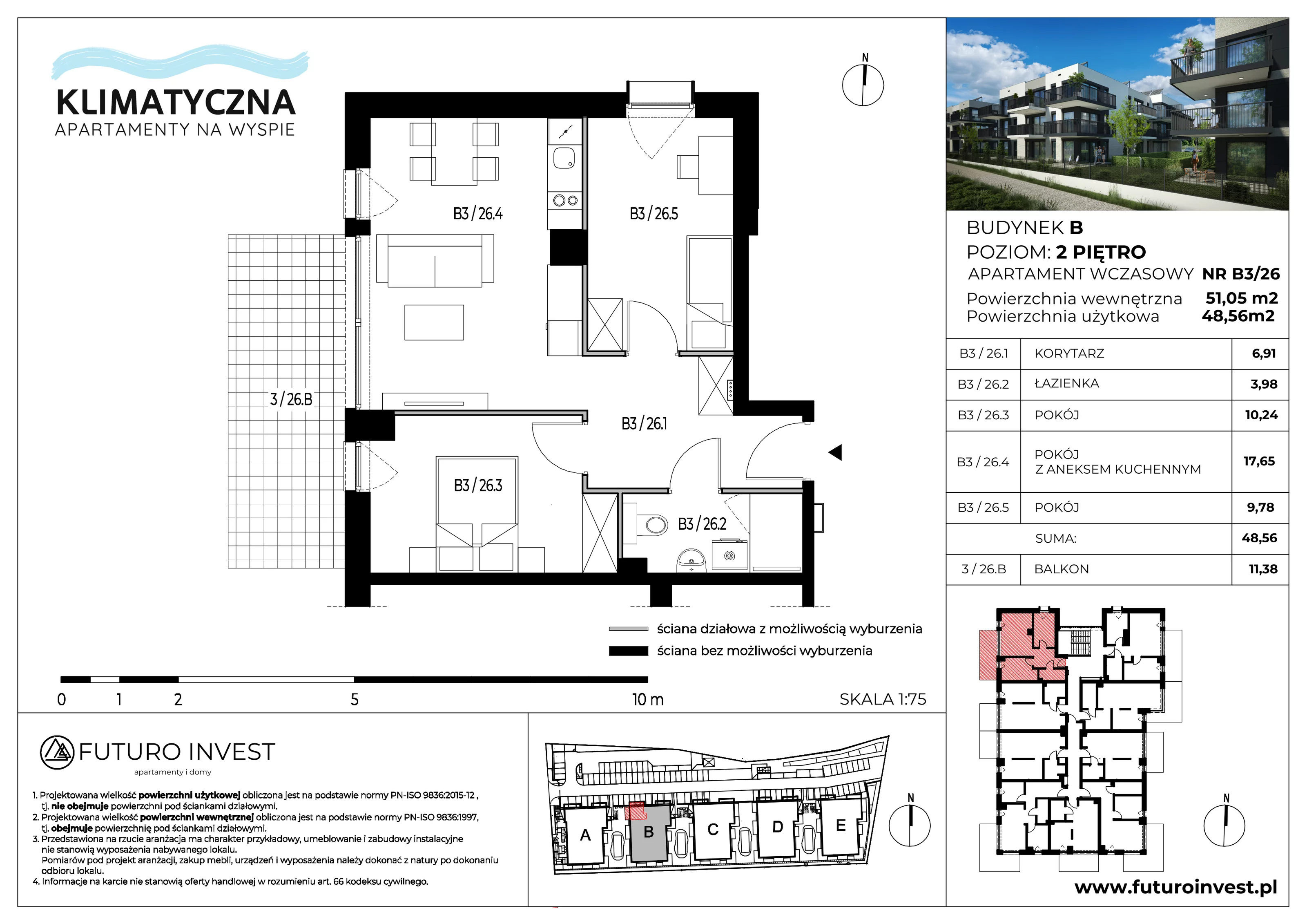 3 pokoje, apartament 48,56 m², piętro 2, oferta nr B3/26, Apartamenty Klimatyczna, Gdańsk, Wyspa Sobieszewska, ul. Klimatyczna 88