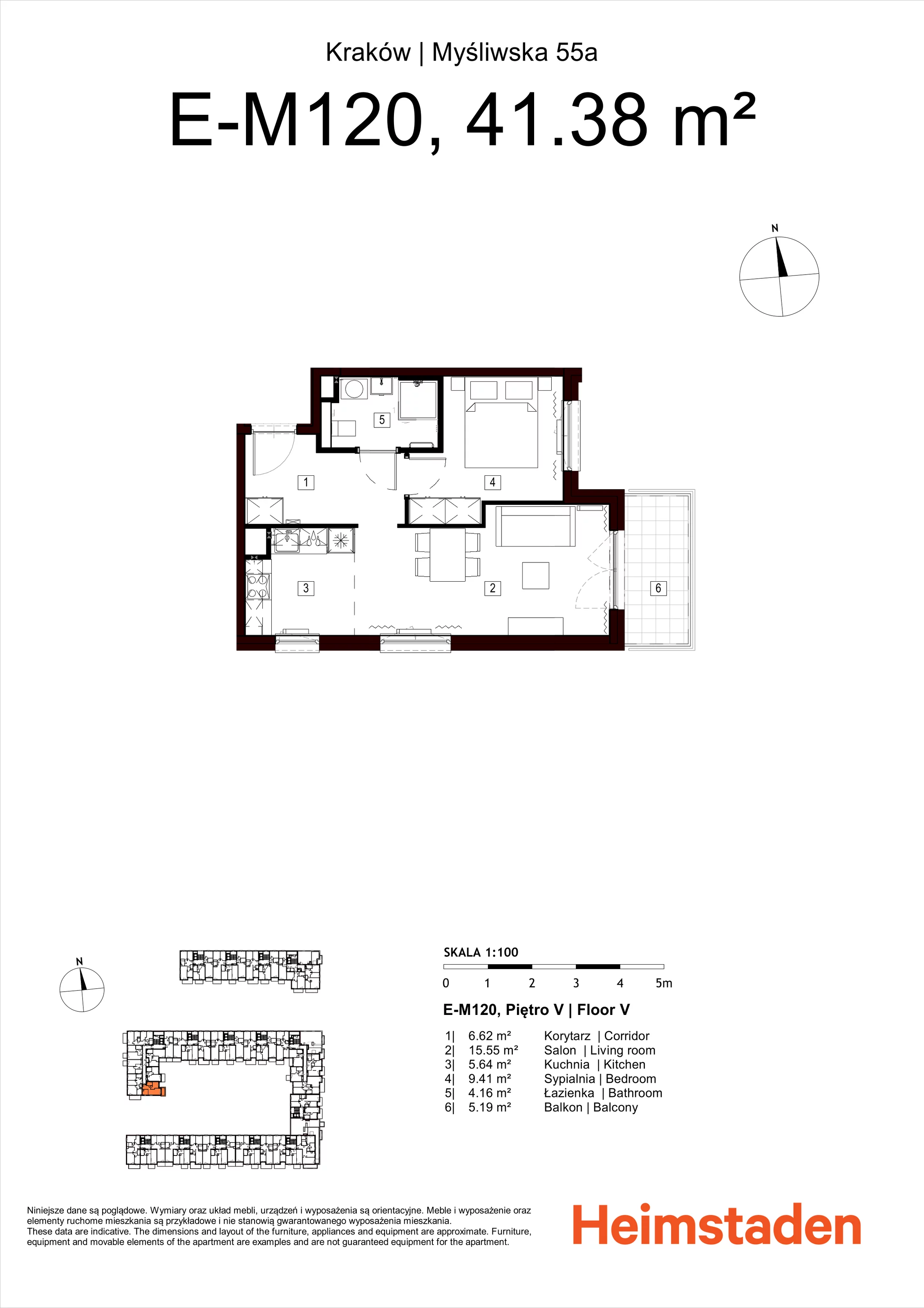 2 pokoje, mieszkanie 41,38 m², piętro 5, oferta nr M120, Nowa Myśliwska, Kraków, Podgórze, Płaszów, ul. Myśliwska 55A