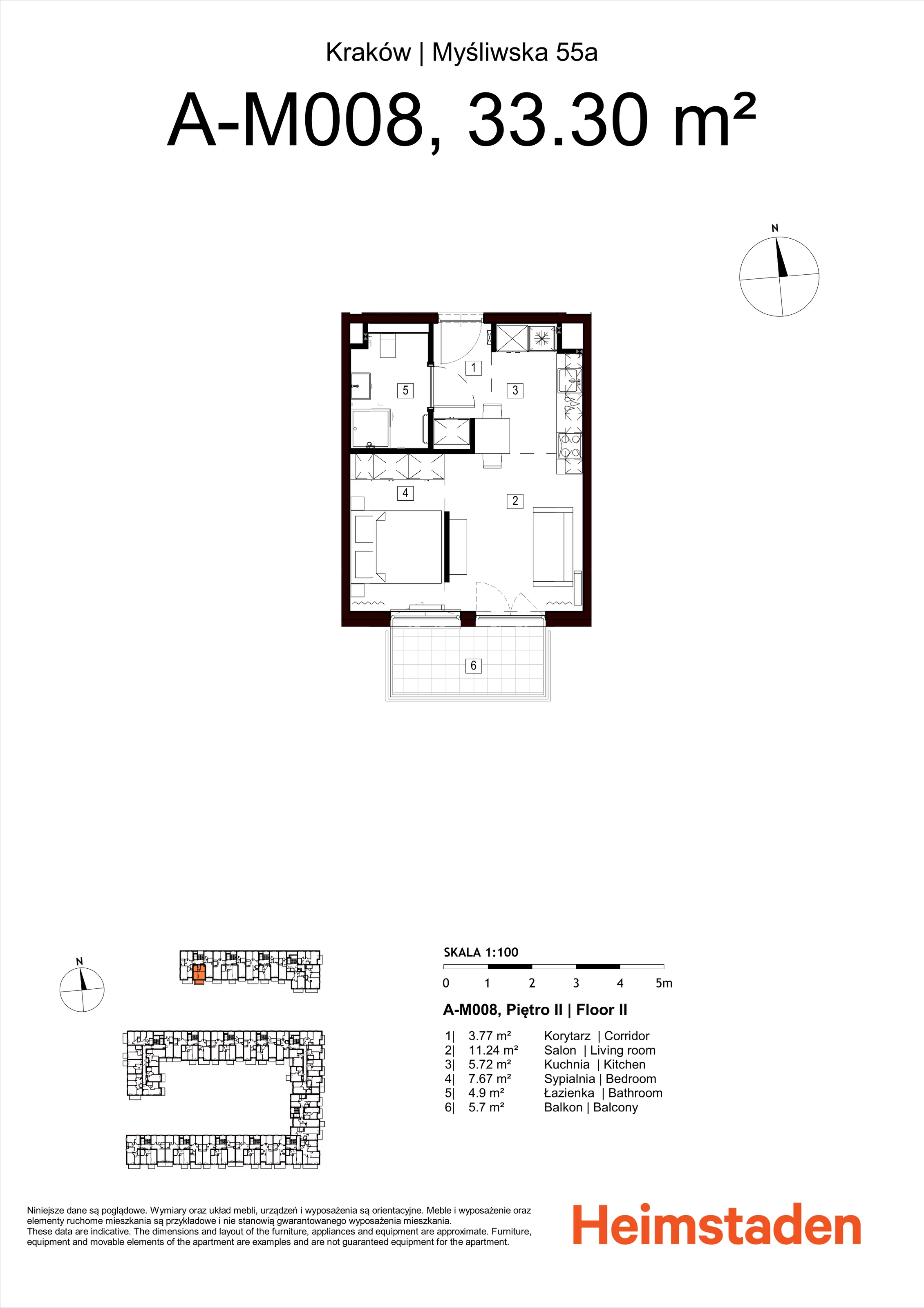 2 pokoje, mieszkanie 33,30 m², piętro 2, oferta nr M008, Nowa Myśliwska, Kraków, Podgórze, Płaszów, ul. Myśliwska 55A