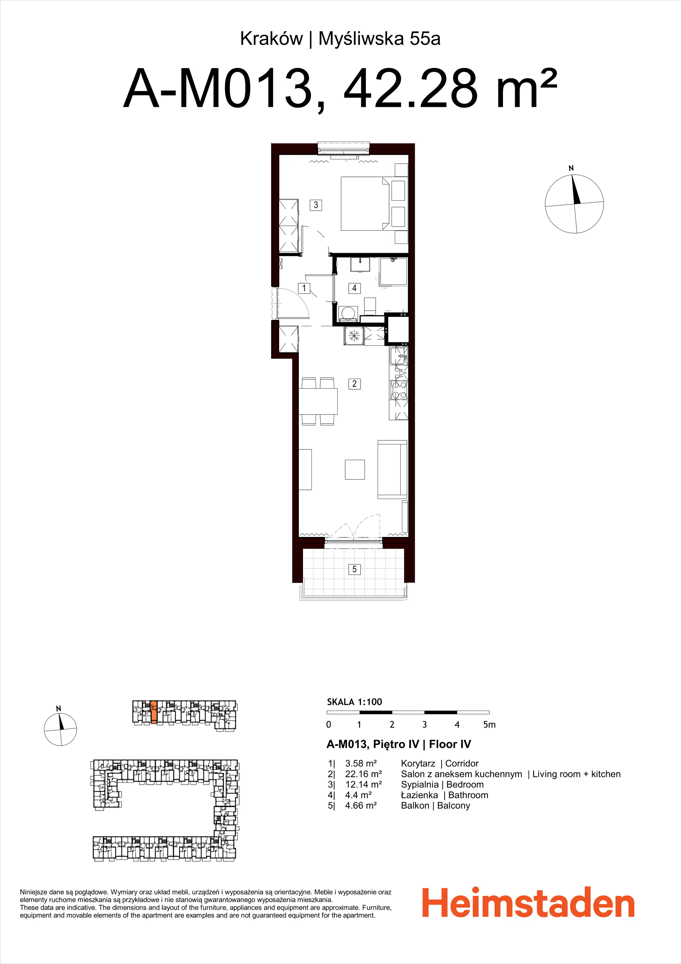 2 pokoje, mieszkanie 42,28 m², piętro 4, oferta nr M013, Nowa Myśliwska, Kraków, Podgórze, Płaszów, ul. Myśliwska 55A