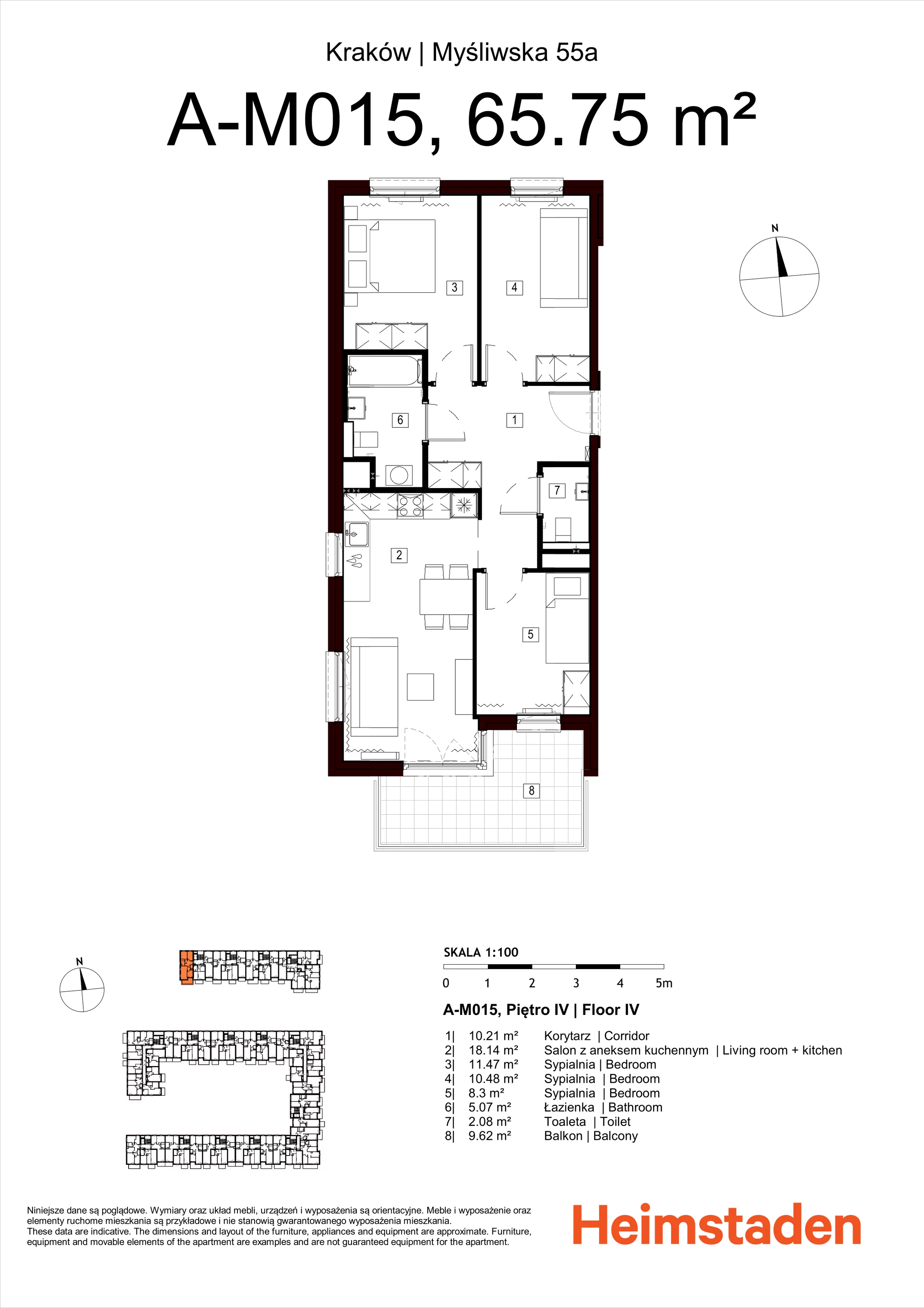 4 pokoje, mieszkanie 65,75 m², piętro 4, oferta nr M015, Nowa Myśliwska, Kraków, Podgórze, Płaszów, ul. Myśliwska 55A