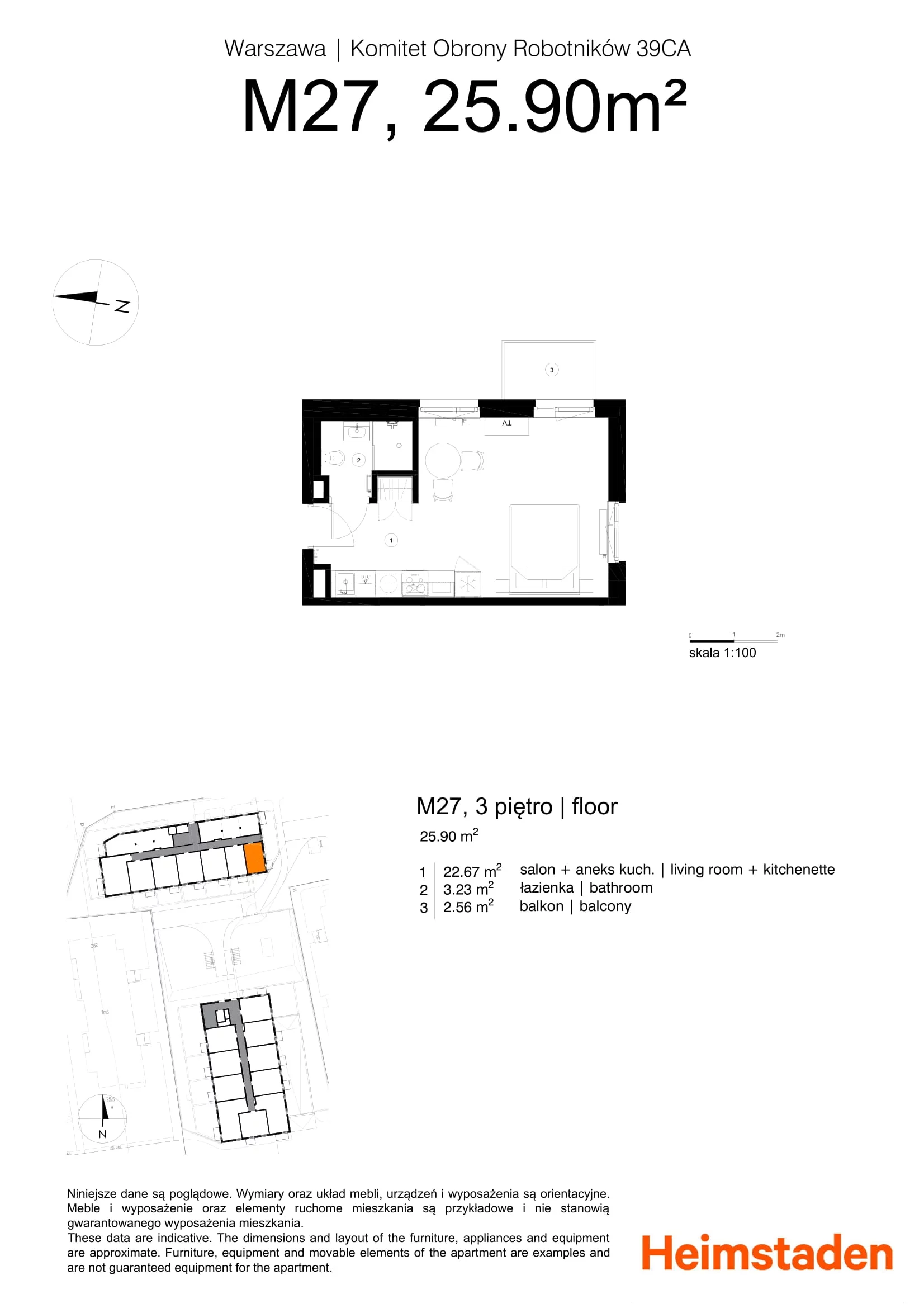 1 pokój, mieszkanie 25,90 m², piętro 3, oferta nr M27, Studio Okęcie, Warszawa, Włochy, Okęcie, ul. Komitetu Obrony Robotników 39CA, 39CB