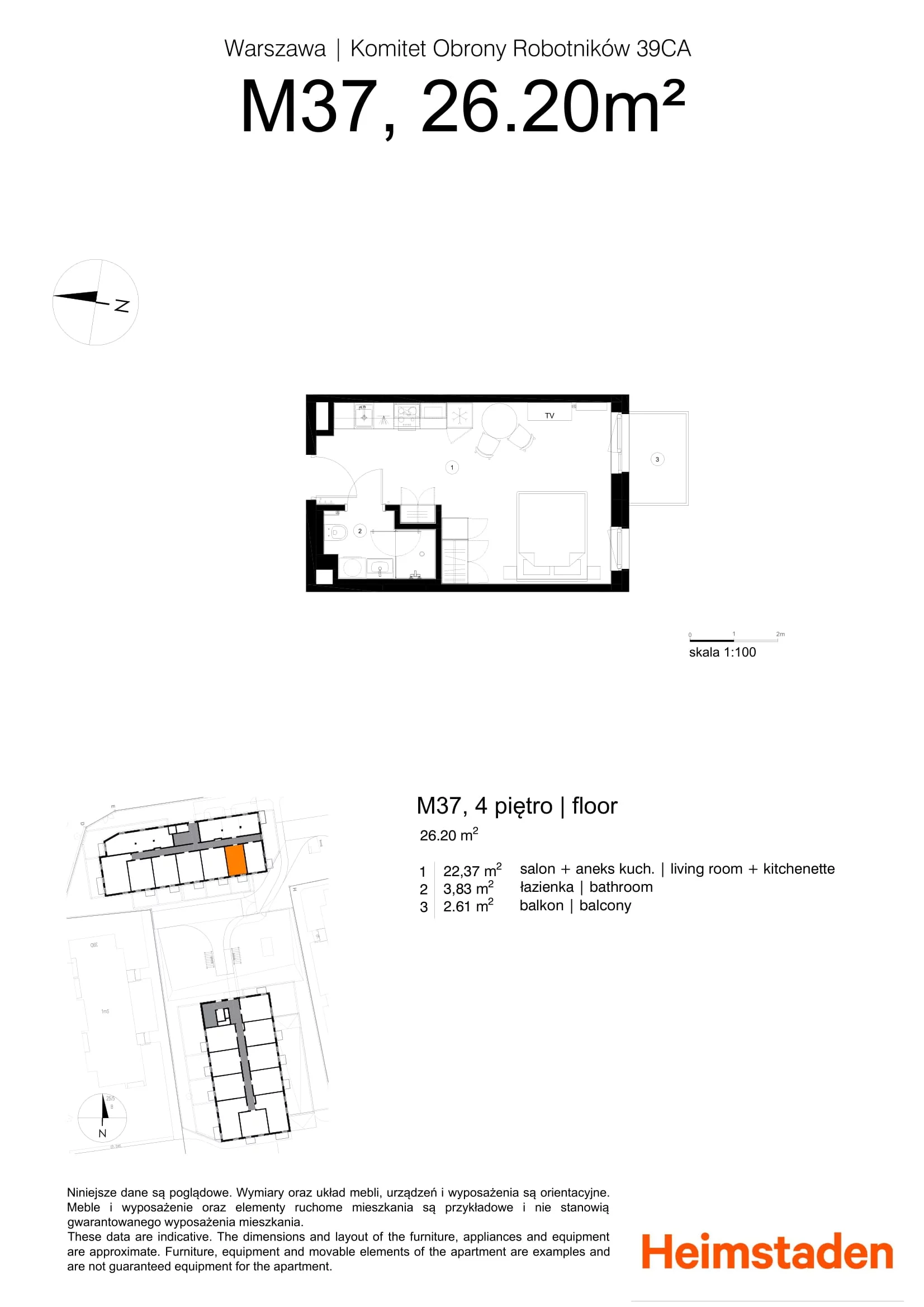 1 pokój, mieszkanie 26,20 m², piętro 4, oferta nr M37, Studio Okęcie, Warszawa, Włochy, Okęcie, ul. Komitetu Obrony Robotników 39CA, 39CB