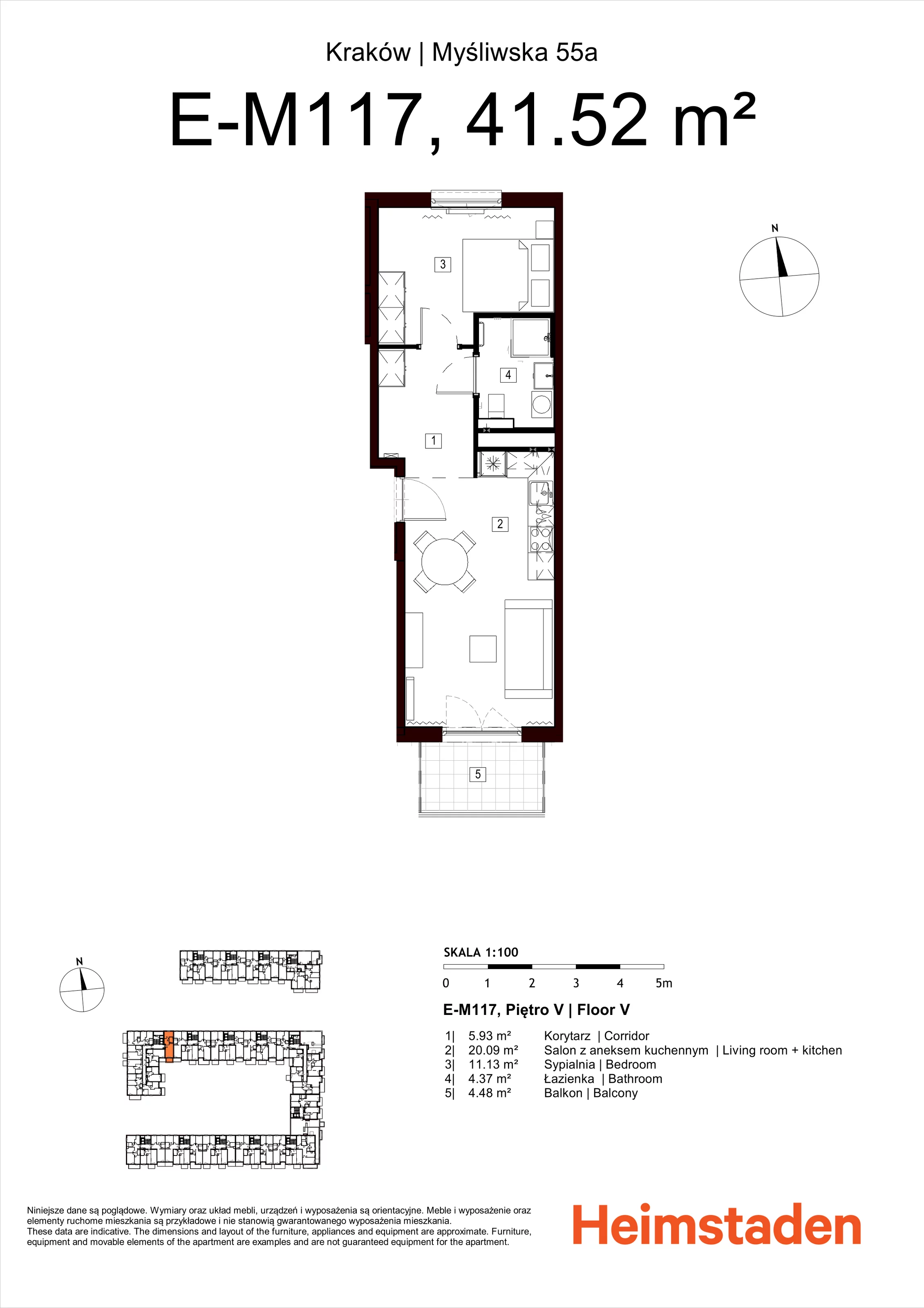 2 pokoje, mieszkanie 41,52 m², piętro 5, oferta nr M117, Nowa Myśliwska, Kraków, Podgórze, Płaszów, ul. Myśliwska 55A