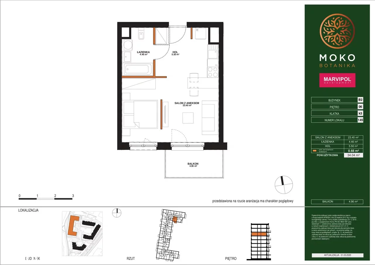 1 pokój, mieszkanie 33,92 m², piętro 6, oferta nr M145, Moko Botanika, Warszawa, Mokotów, Służewiec, ul. Bokserska 54, 54A, 54B