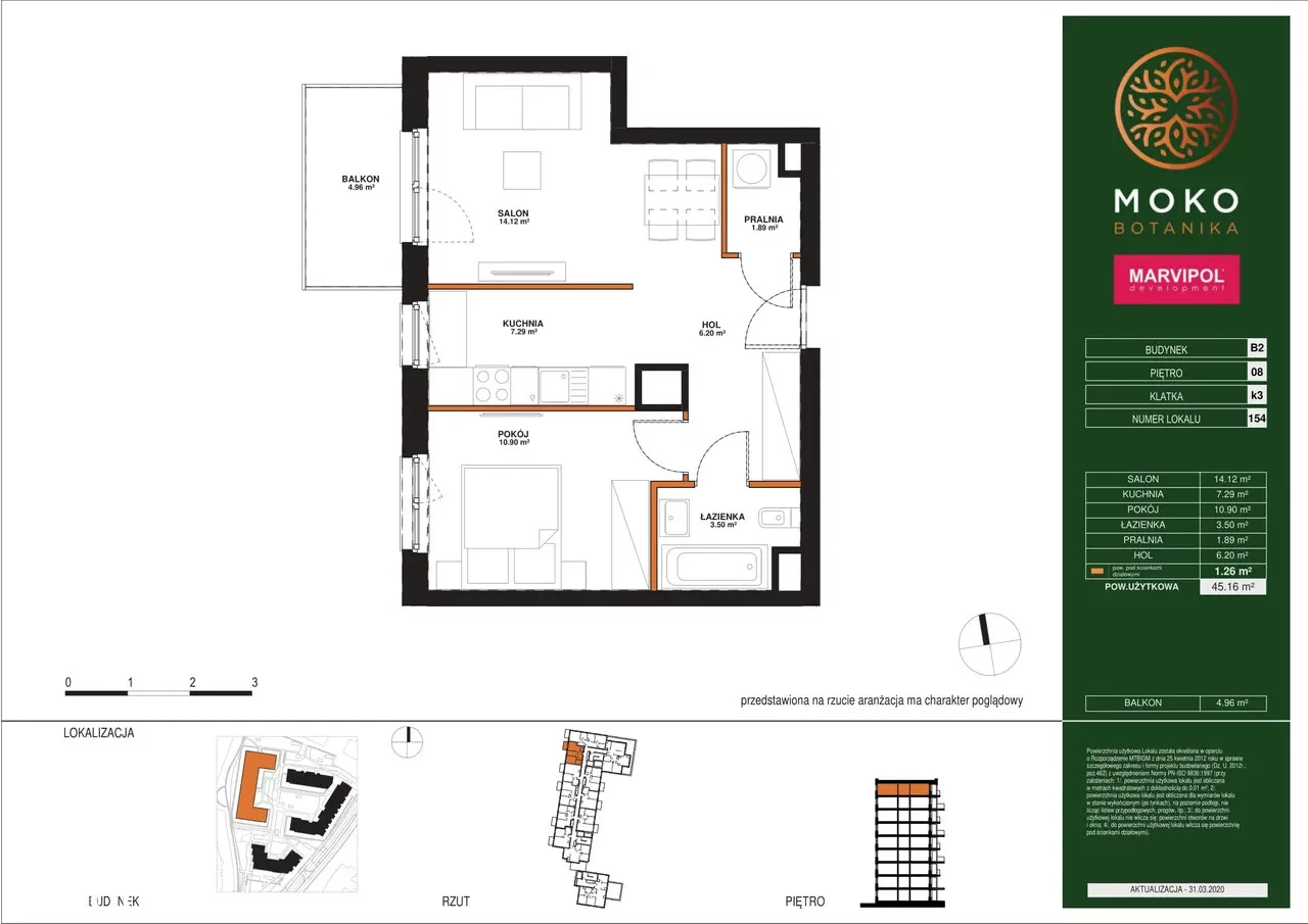 2 pokoje, mieszkanie 45,16 m², piętro 8, oferta nr M154, Moko Botanika, Warszawa, Mokotów, Służewiec, ul. Bokserska 54, 54A, 54B