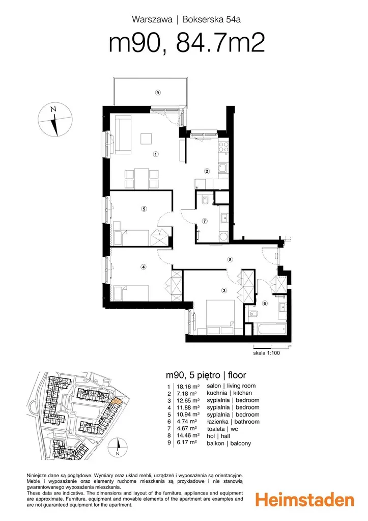 4 pokoje, mieszkanie 84,70 m², piętro 5, oferta nr M90, Moko Botanika, Warszawa, Mokotów, Służewiec, ul. Bokserska 54, 54A, 54B
