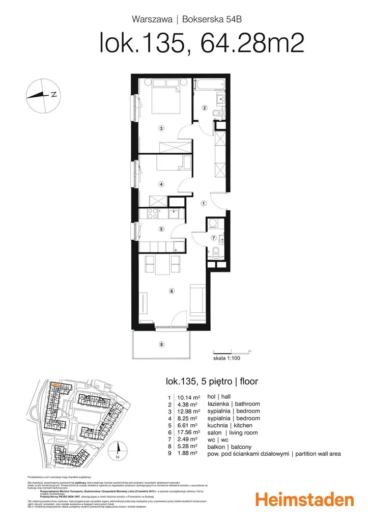 3 pokoje, mieszkanie 64,28 m², piętro 5, oferta nr M135 , Moko Botanika, Warszawa, Mokotów, Służewiec, ul. Bokserska 54, 54A, 54B