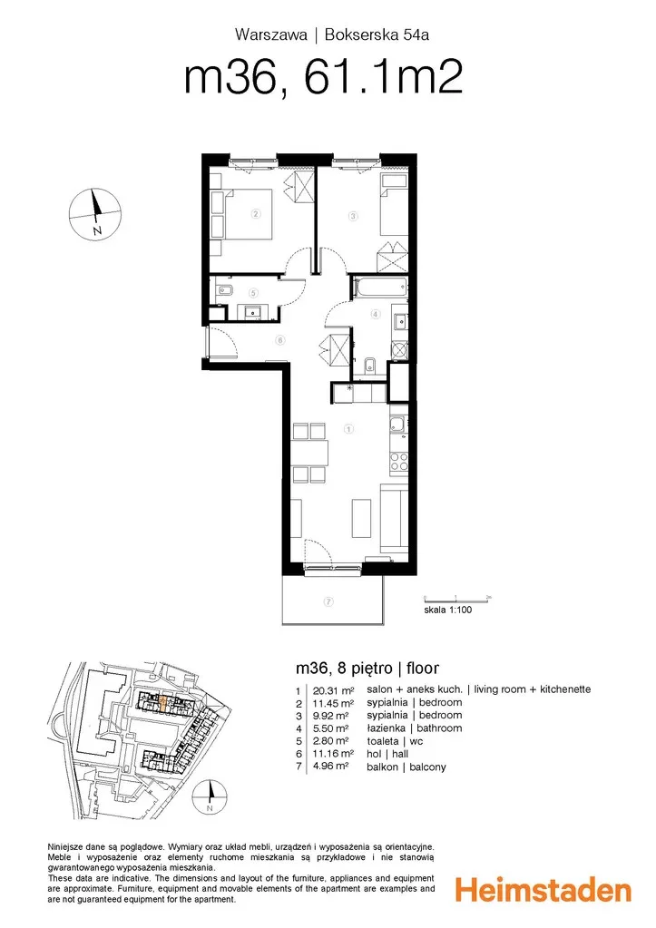 3 pokoje, mieszkanie 62,84 m², piętro 8, oferta nr M36, Moko Botanika, Warszawa, Mokotów, Służewiec, ul. Bokserska 54, 54A, 54B