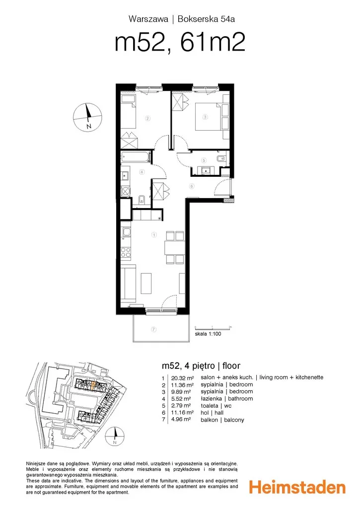 3 pokoje, mieszkanie 62,74 m², piętro 4, oferta nr M52, Moko Botanika, Warszawa, Mokotów, Służewiec, ul. Bokserska 54, 54A, 54B