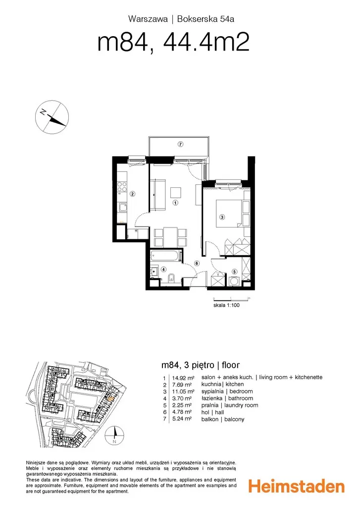 2 pokoje, mieszkanie 45,96 m², piętro 3, oferta nr M84, Moko Botanika, Warszawa, Mokotów, Służewiec, ul. Bokserska 54, 54A, 54B