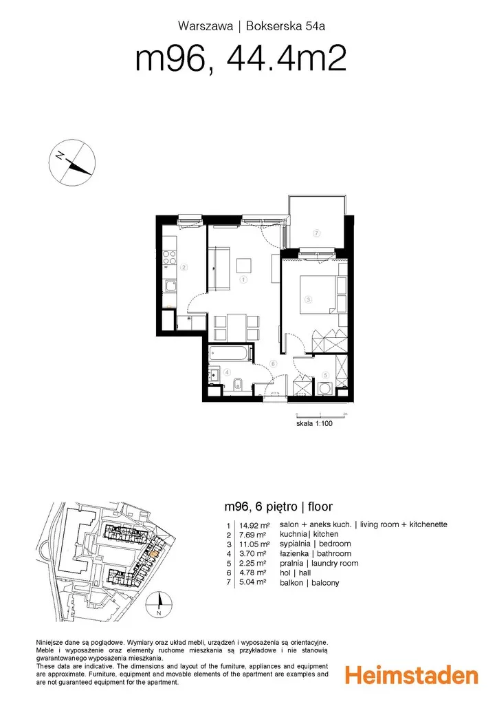 2 pokoje, mieszkanie 46,01 m², piętro 6, oferta nr M96, Moko Botanika, Warszawa, Mokotów, Służewiec, ul. Bokserska 54, 54A, 54B