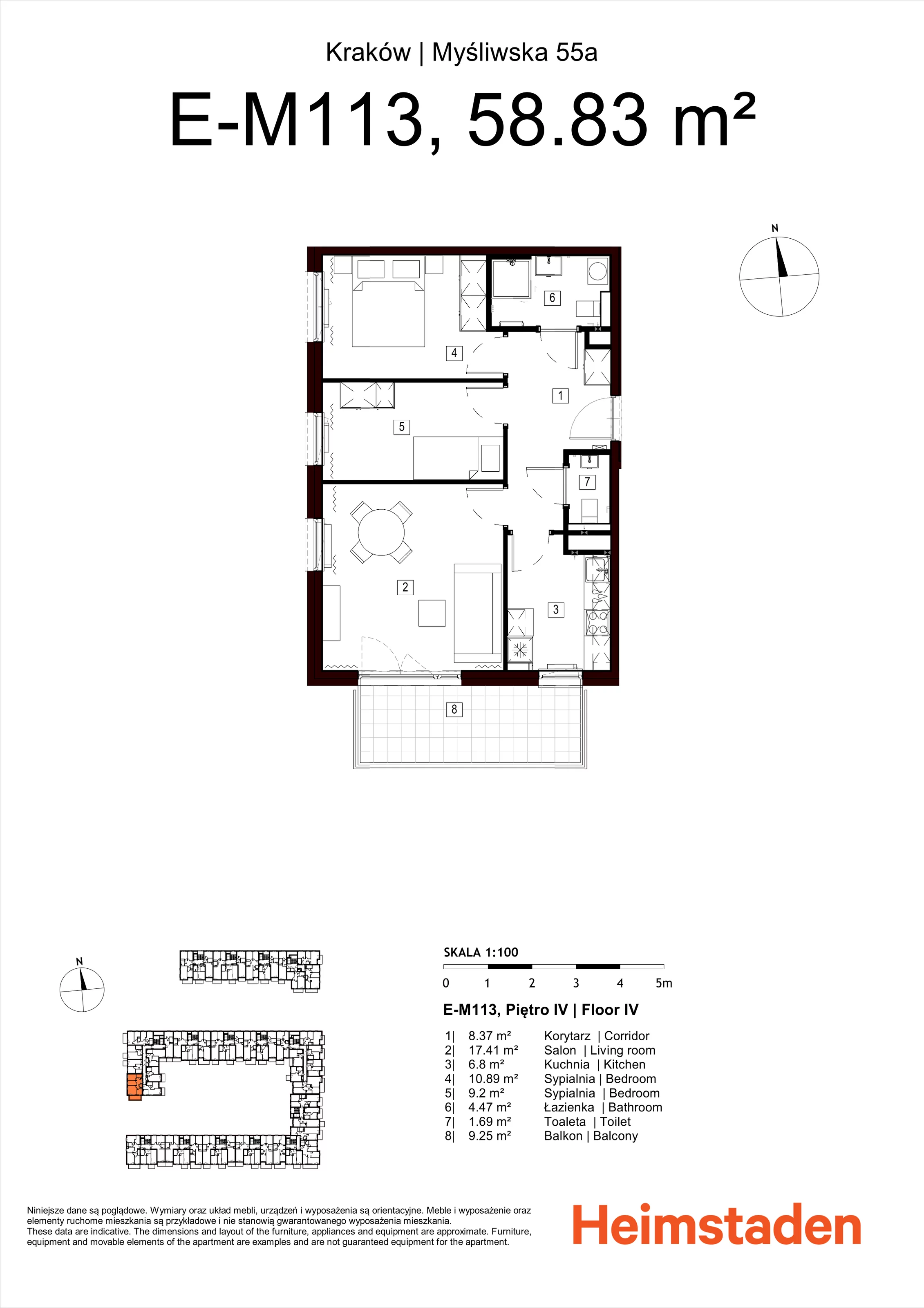 3 pokoje, mieszkanie 58,83 m², piętro 4, oferta nr M113, Nowa Myśliwska, Kraków, Podgórze, Płaszów, ul. Myśliwska 55A