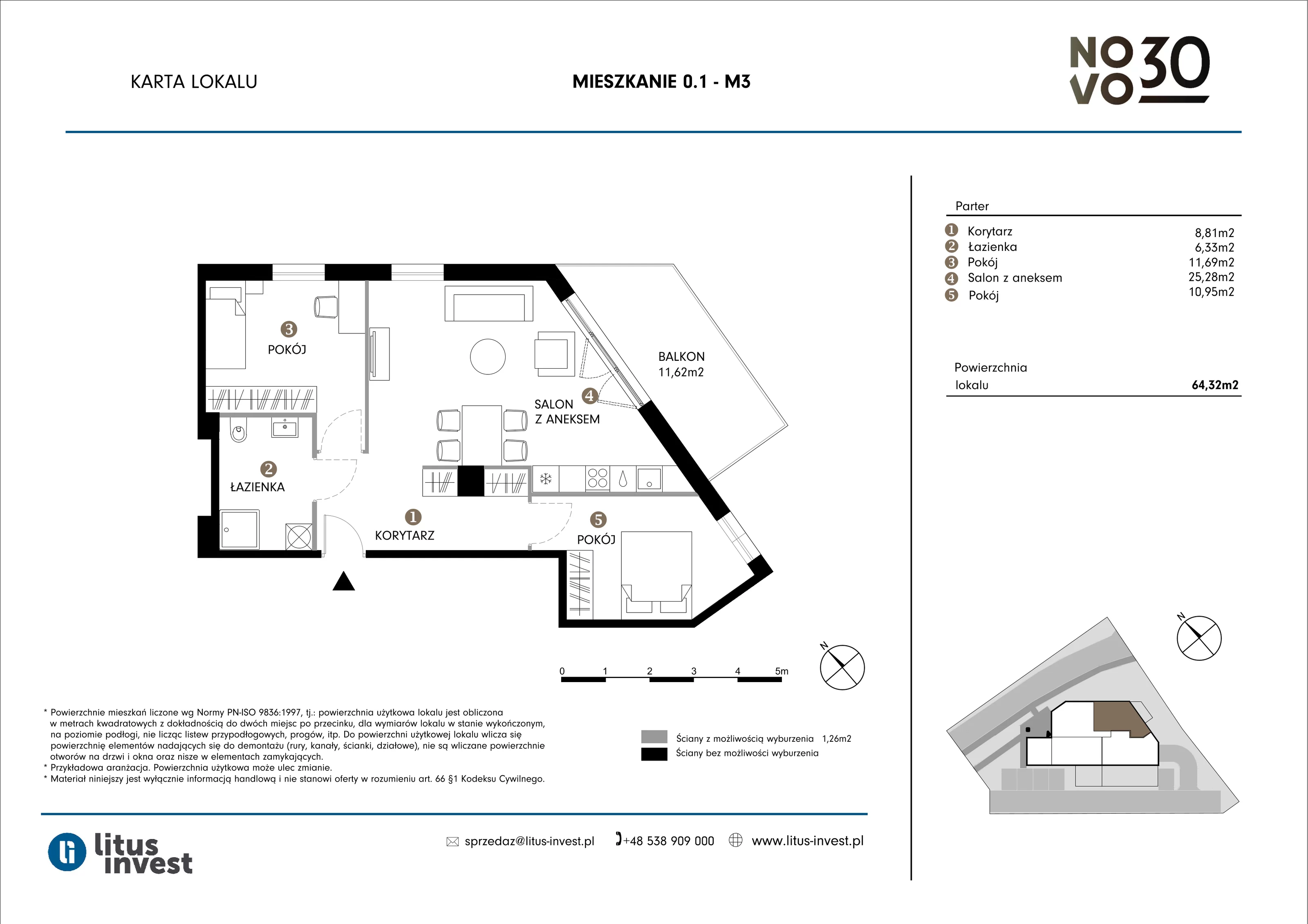 3 pokoje, apartament 64,32 m², parter, oferta nr 0.1, NOVO 30, Gdańsk, Jasień, ul. Leszczynowa 30