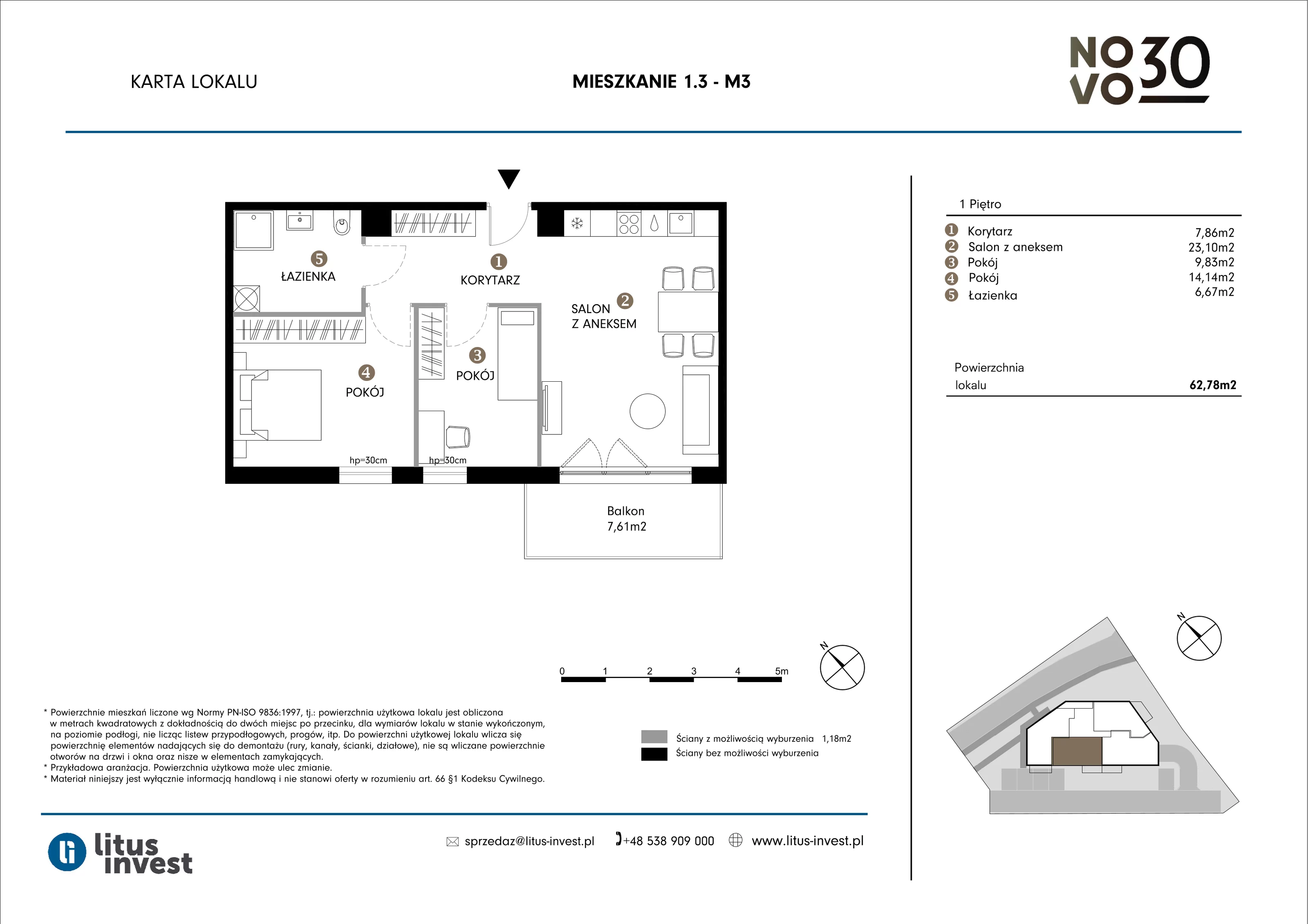 3 pokoje, apartament 62,78 m², piętro 1, oferta nr 1.3, NOVO 30, Gdańsk, Jasień, ul. Leszczynowa 30