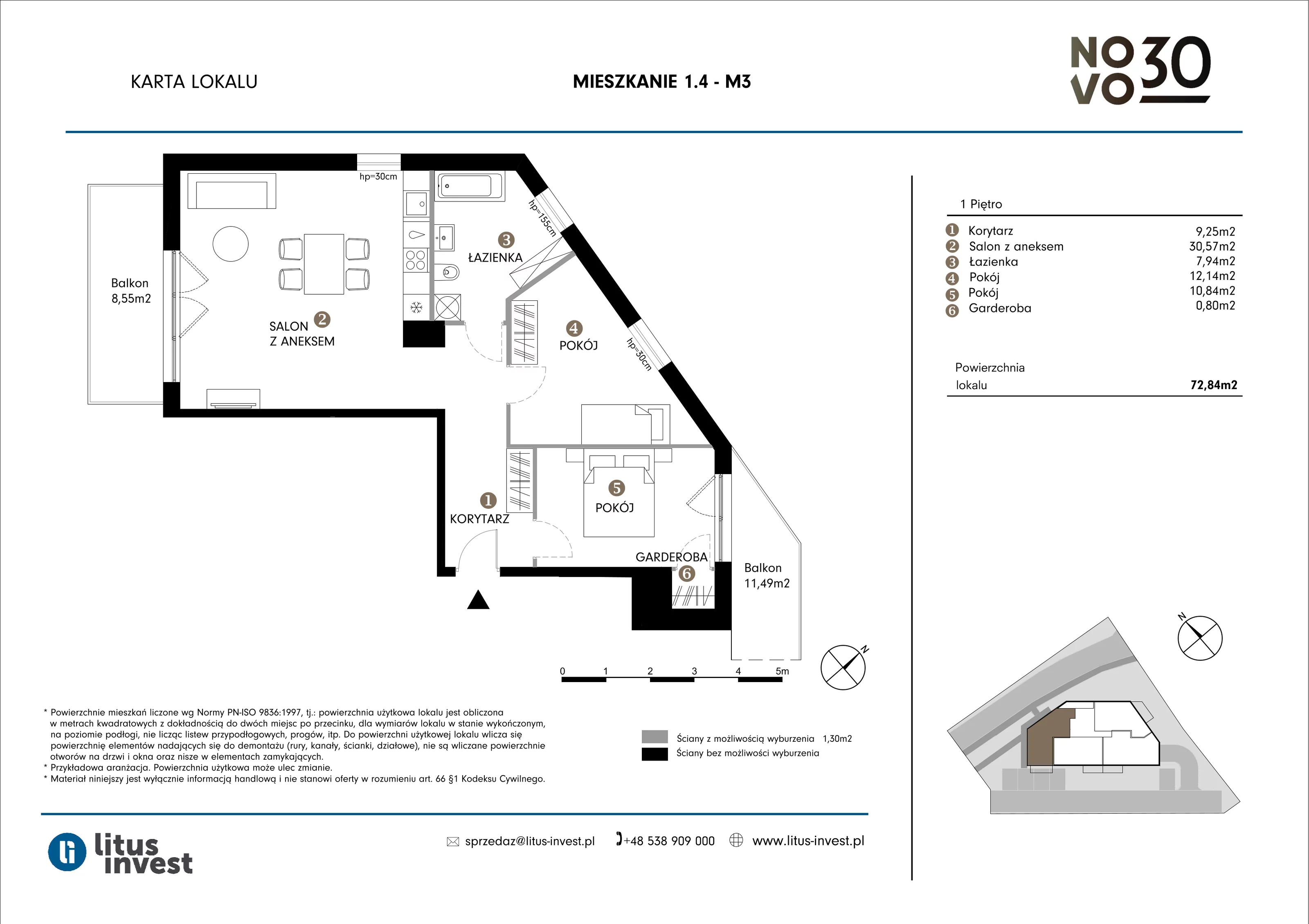 3 pokoje, apartament 72,84 m², piętro 1, oferta nr 1.4, NOVO 30, Gdańsk, Jasień, ul. Leszczynowa 30