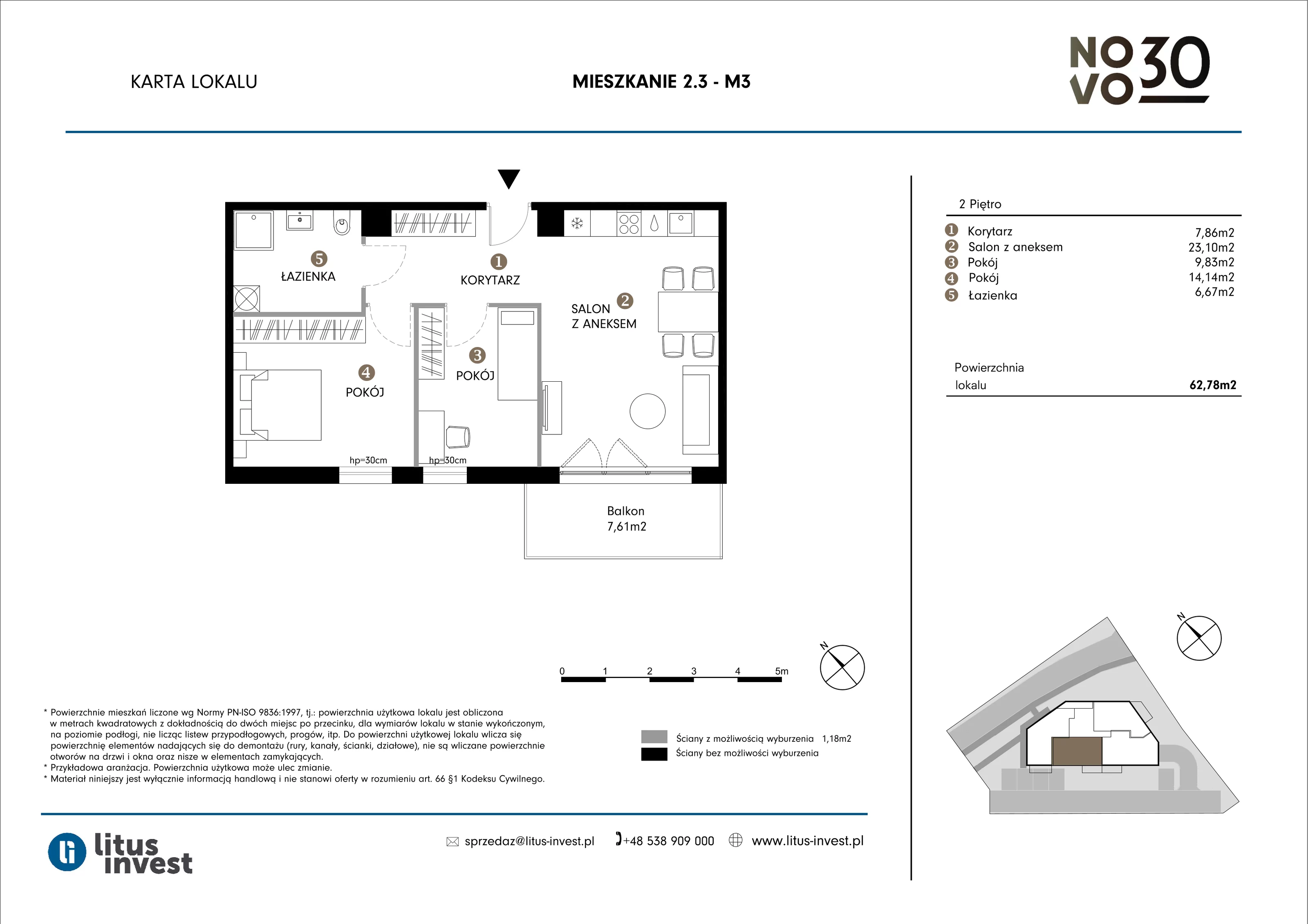 3 pokoje, mieszkanie 62,78 m², piętro 2, oferta nr 2.3, NOVO 30, Gdańsk, Jasień, ul. Leszczynowa 30