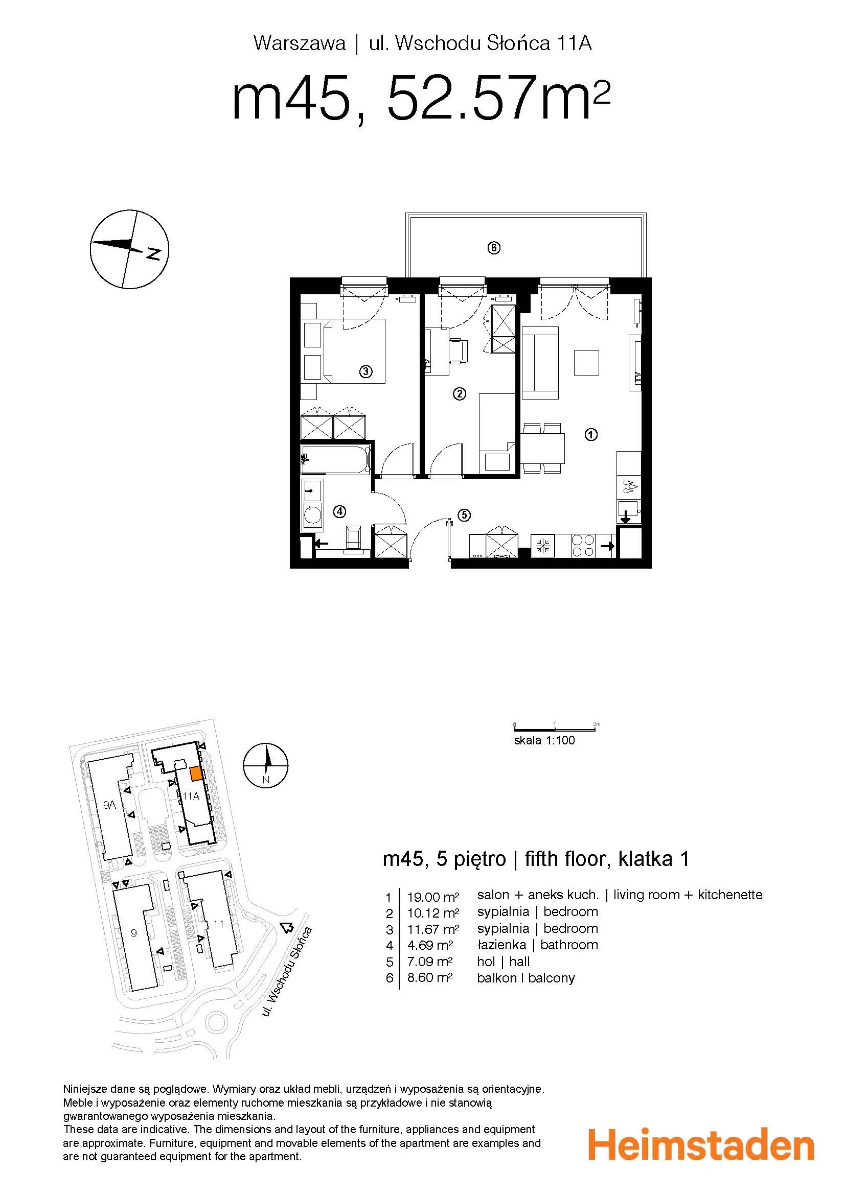 3 pokoje, mieszkanie 52,57 m², piętro 5, oferta nr M45, Aurora, Warszawa, Włochy, Raków, ul. Wschodu Słońca 11A
