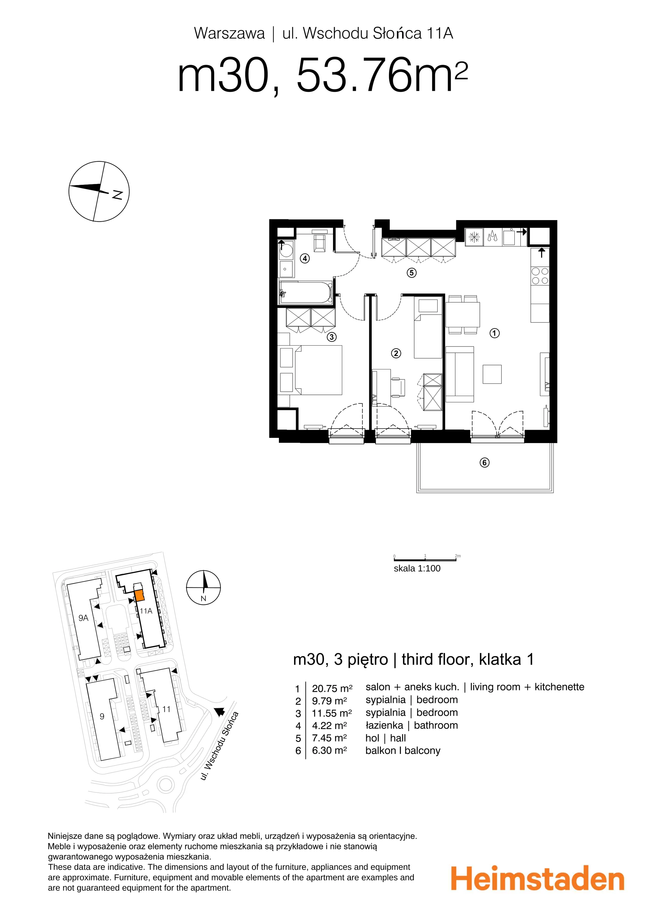 3 pokoje, mieszkanie 53,70 m², piętro 3, oferta nr M30, Aurora, Warszawa, Włochy, Raków, ul. Wschodu Słońca 11A