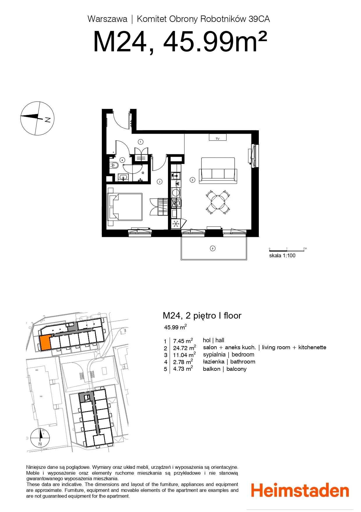2 pokoje, mieszkanie 45,99 m², piętro 2, oferta nr M24, Studio Okęcie, Warszawa, Włochy, Okęcie, ul. Komitetu Obrony Robotników 39CA, 39CB