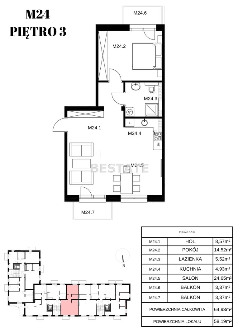 2 pokoje, mieszkanie 64,93 m², piętro 3, oferta nr , BESP-MS-13410-80, Pabianice