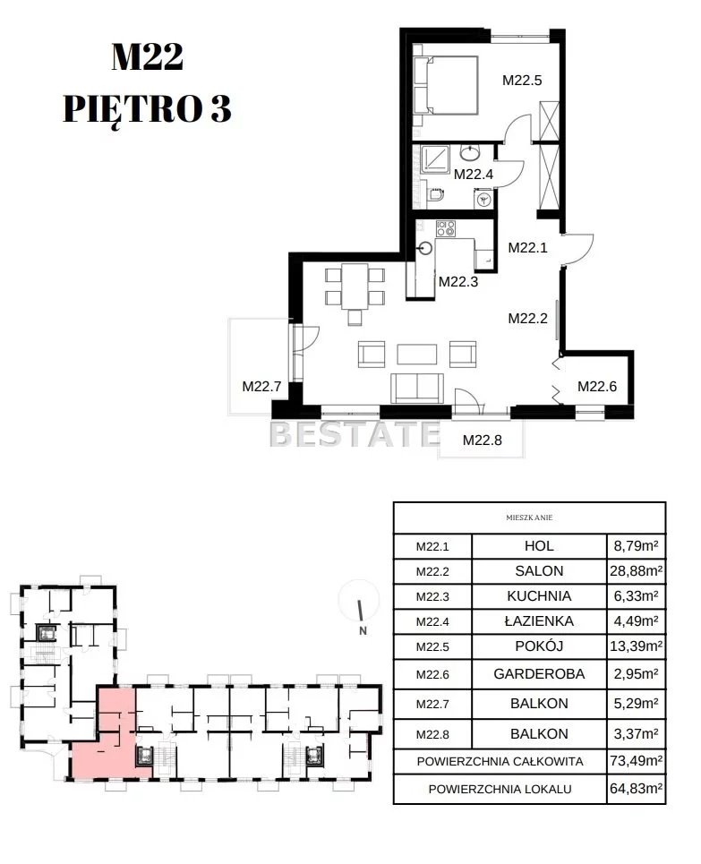 2 pokoje, mieszkanie 73,49 m², piętro 3, oferta nr , BESP-MS-13407-85, Pabianice