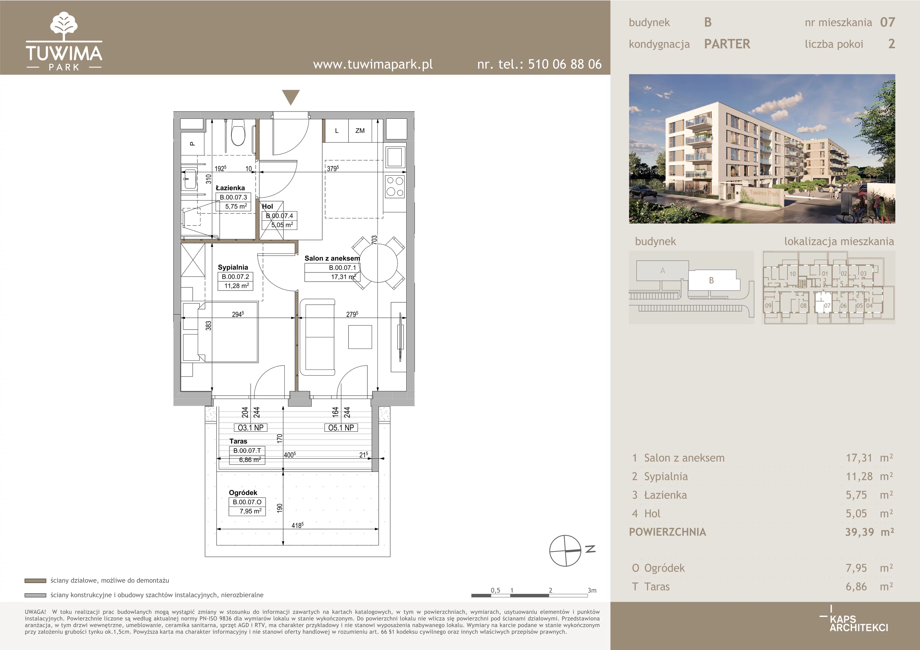 2 pokoje, mieszkanie 39,39 m², parter, oferta nr B7, Tuwima Park, Grójec, ul. Poetów 2