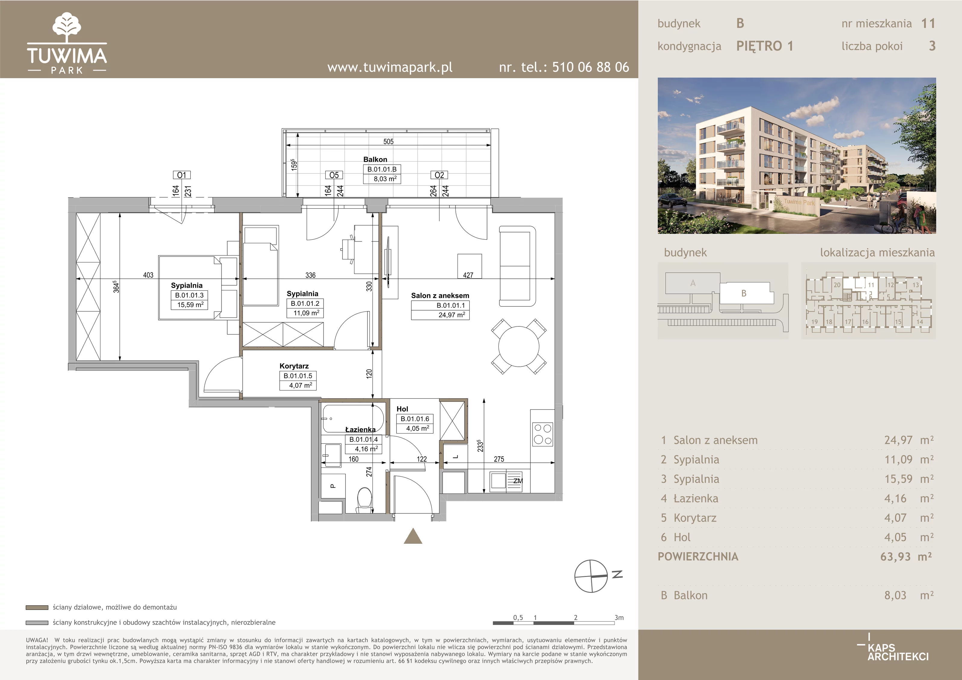 3 pokoje, mieszkanie 63,93 m², piętro 1, oferta nr B11, Tuwima Park, Grójec, ul. Poetów 2