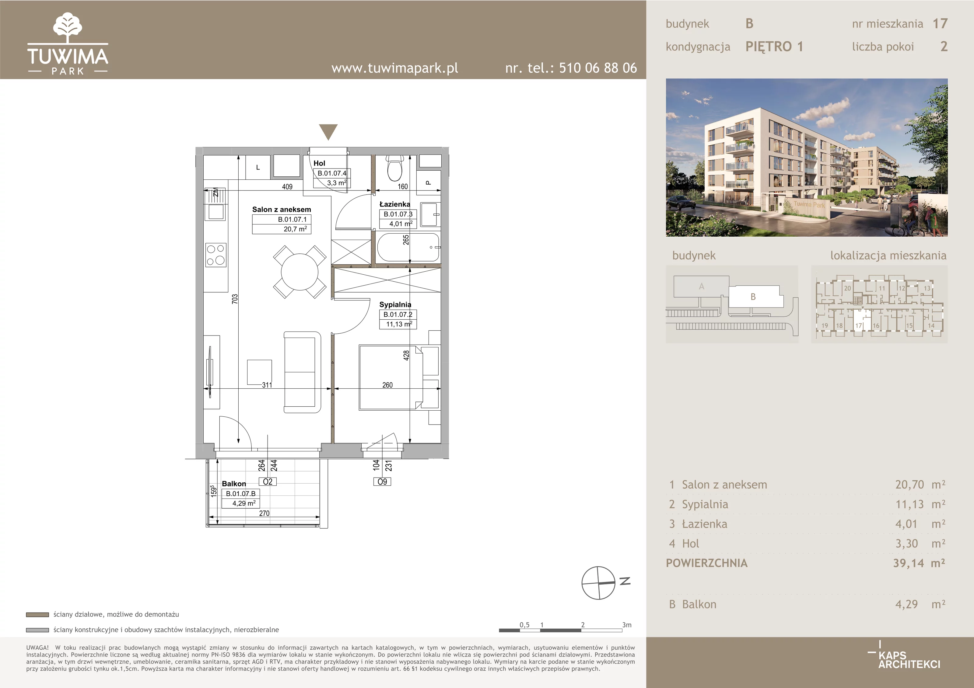 2 pokoje, mieszkanie 39,14 m², piętro 1, oferta nr B17, Tuwima Park, Grójec, ul. Poetów 2