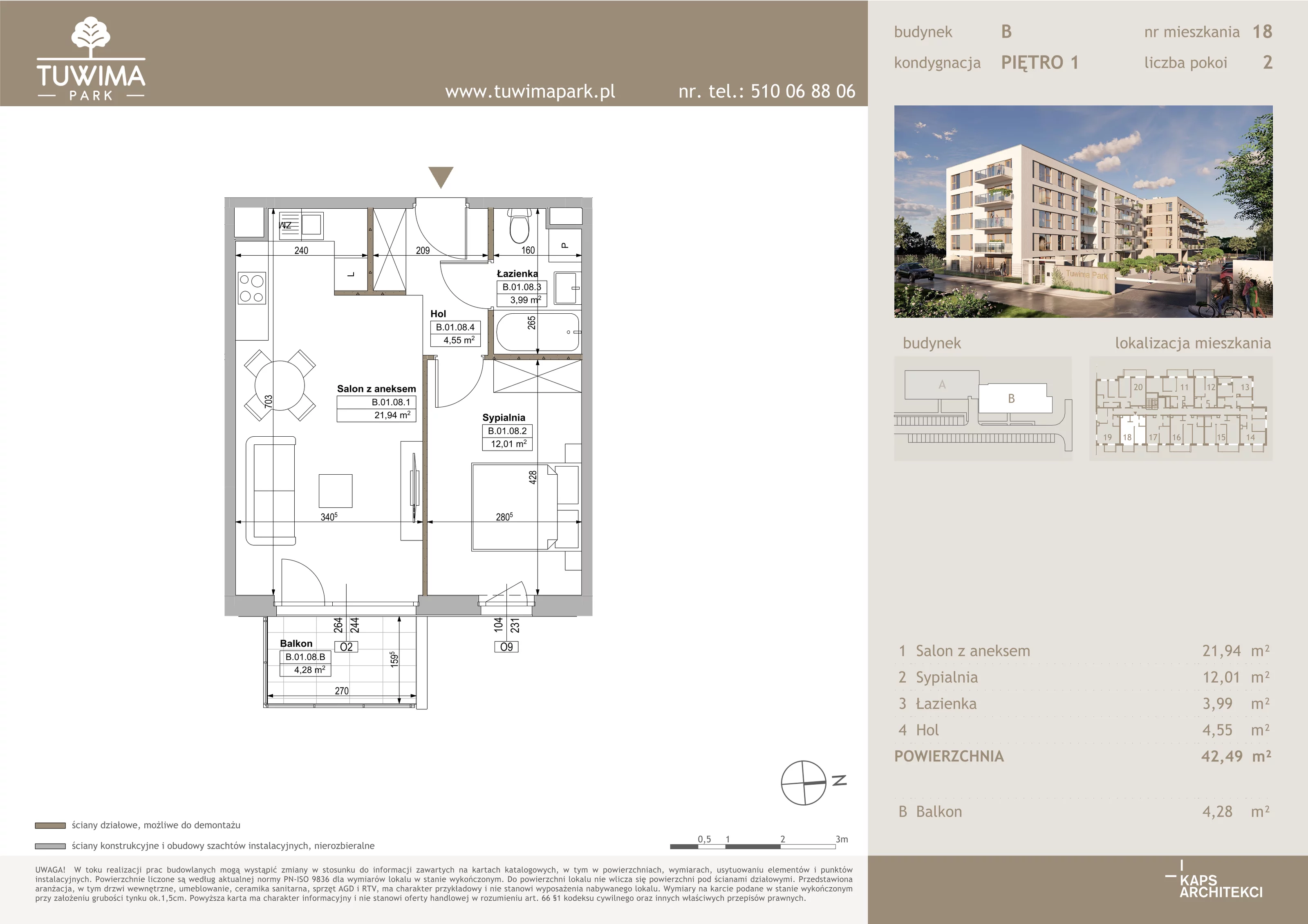 2 pokoje, mieszkanie 42,49 m², piętro 1, oferta nr B18, Tuwima Park, Grójec, ul. Poetów 2