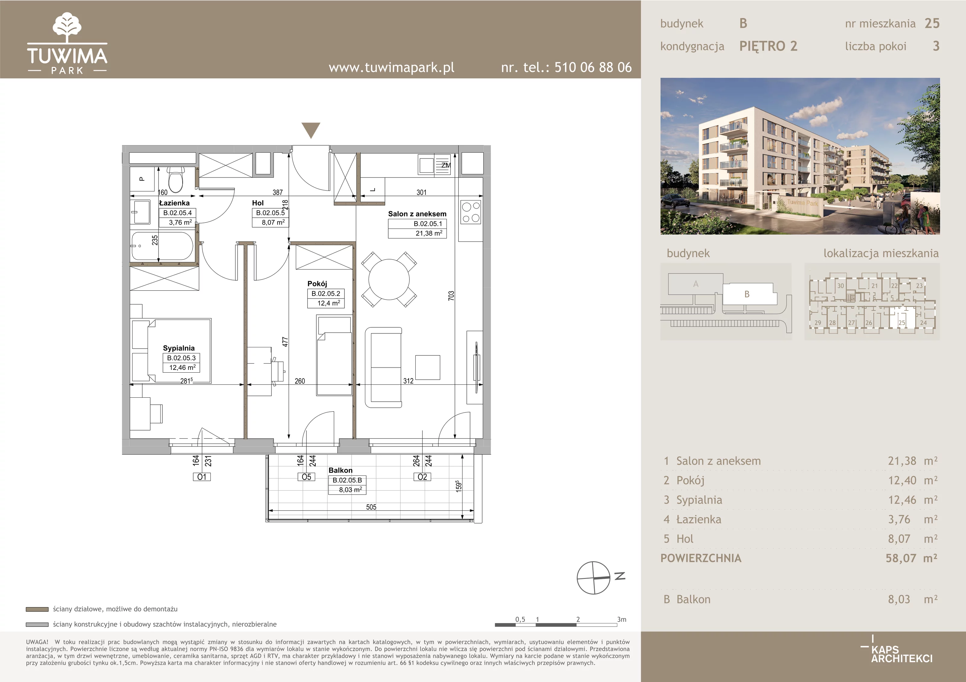 3 pokoje, mieszkanie 58,07 m², piętro 2, oferta nr B25, Tuwima Park, Grójec, ul. Poetów 2