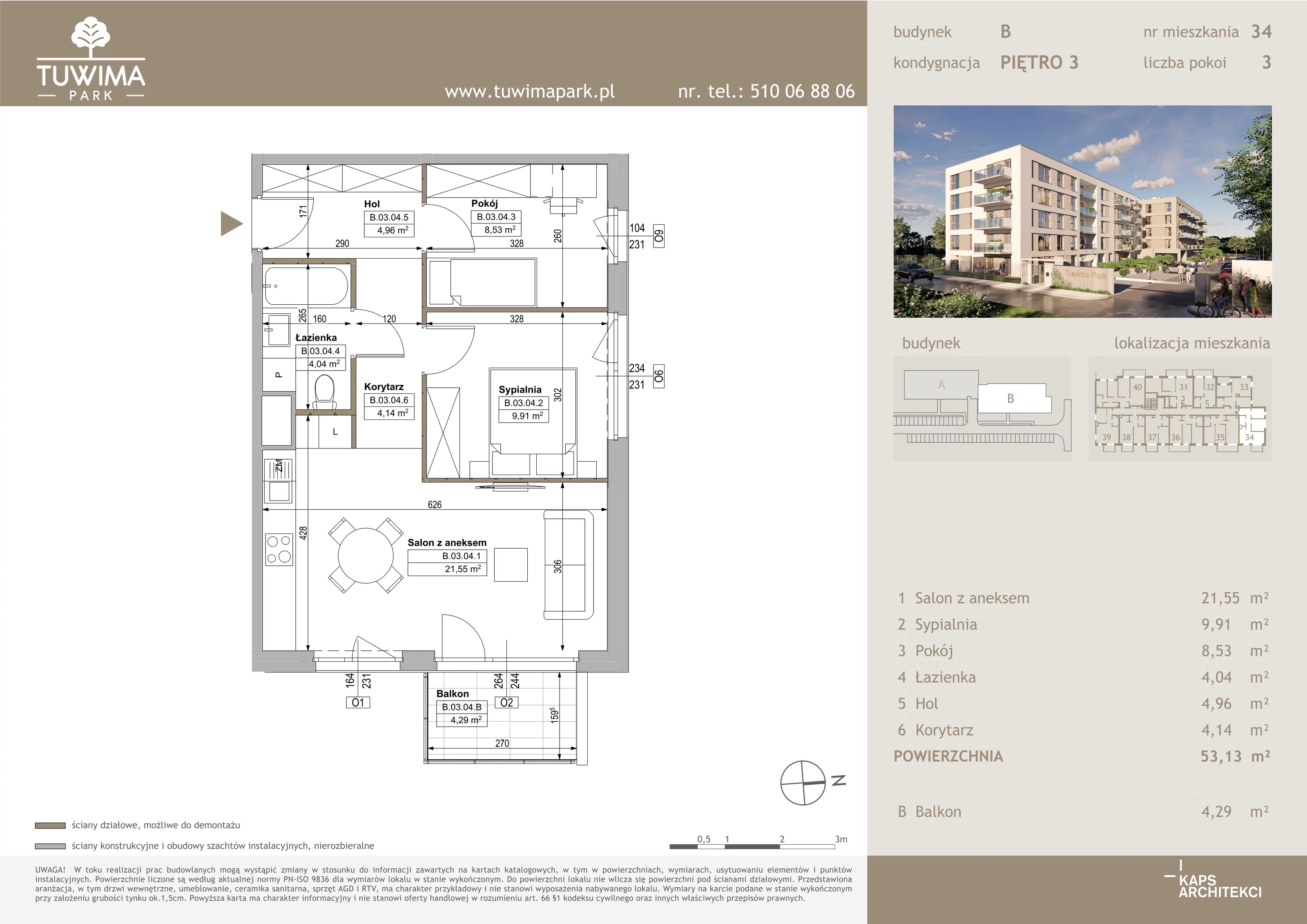 3 pokoje, mieszkanie 53,13 m², piętro 3, oferta nr B34, Tuwima Park, Grójec, ul. Poetów 2