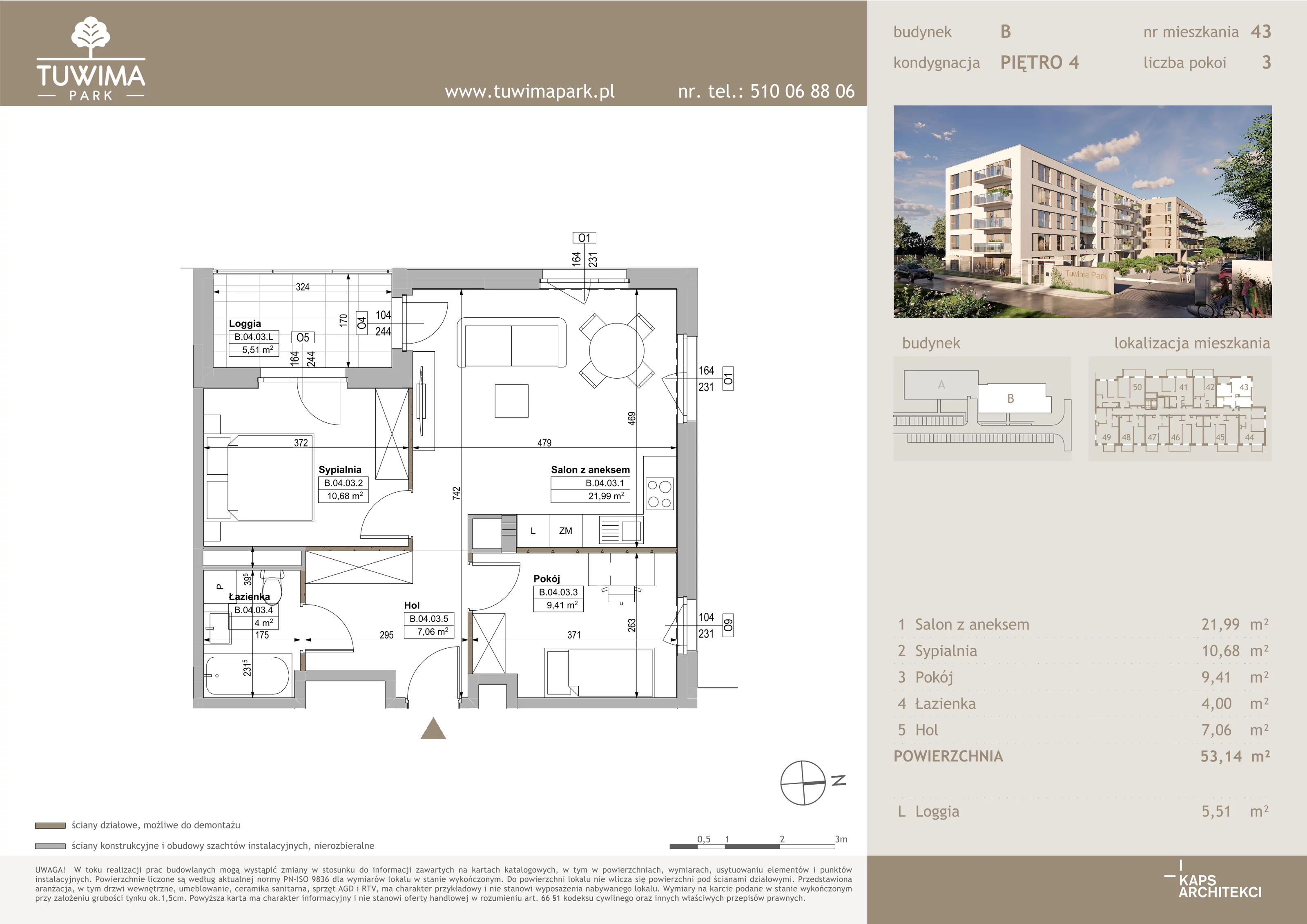 3 pokoje, mieszkanie 53,14 m², piętro 4, oferta nr B43, Tuwima Park, Grójec, ul. Poetów 2