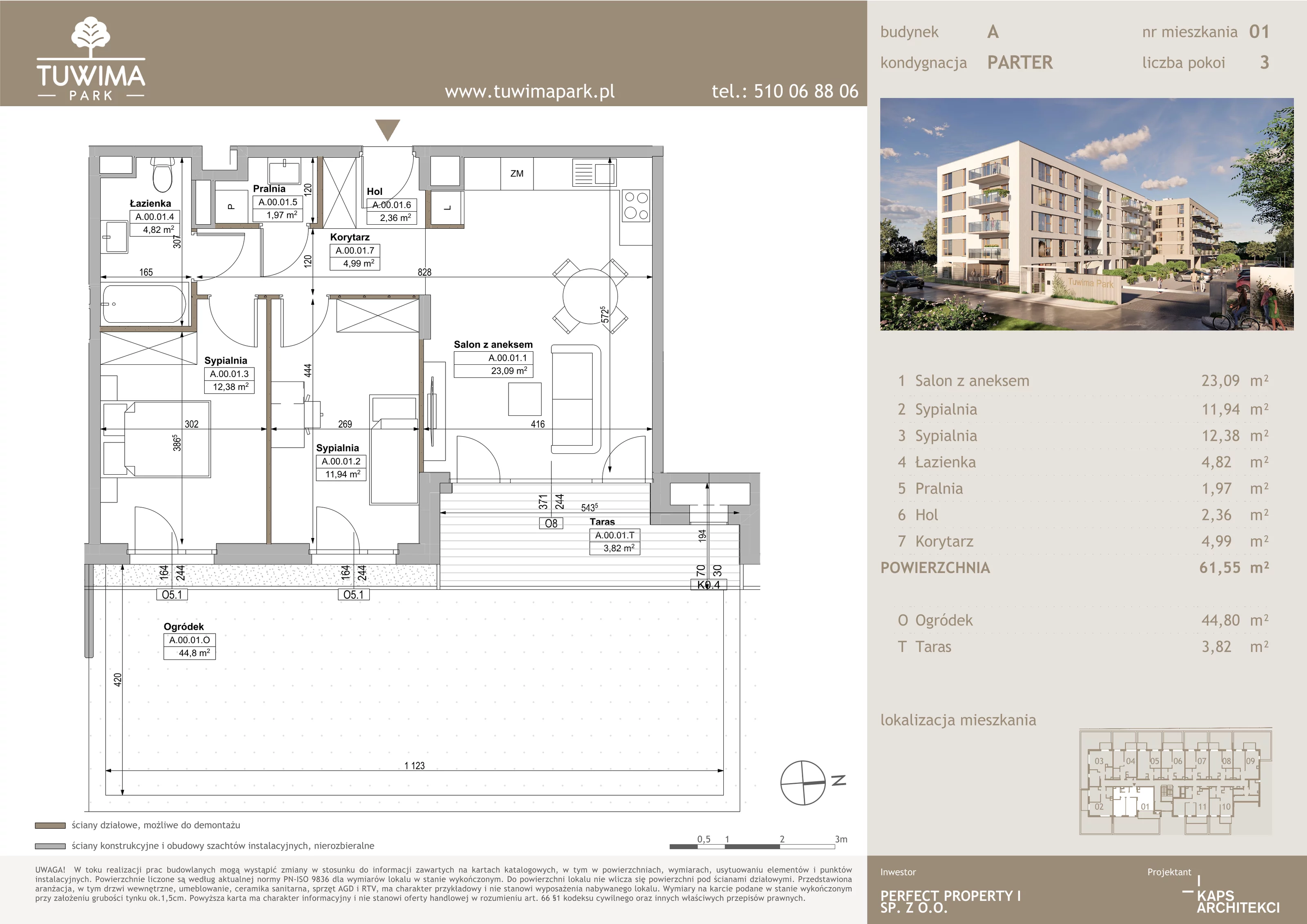 3 pokoje, mieszkanie 61,55 m², parter, oferta nr 1, Tuwima Park, Grójec, ul. Poetów 2