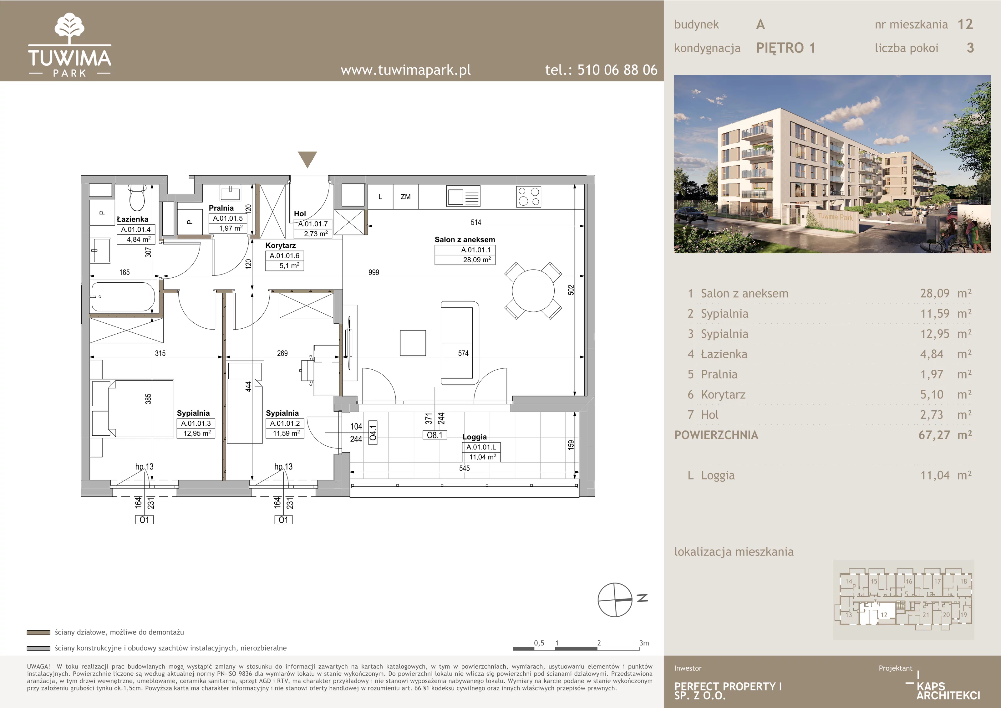3 pokoje, mieszkanie 67,27 m², piętro 1, oferta nr 12, Tuwima Park, Grójec, ul. Poetów 2