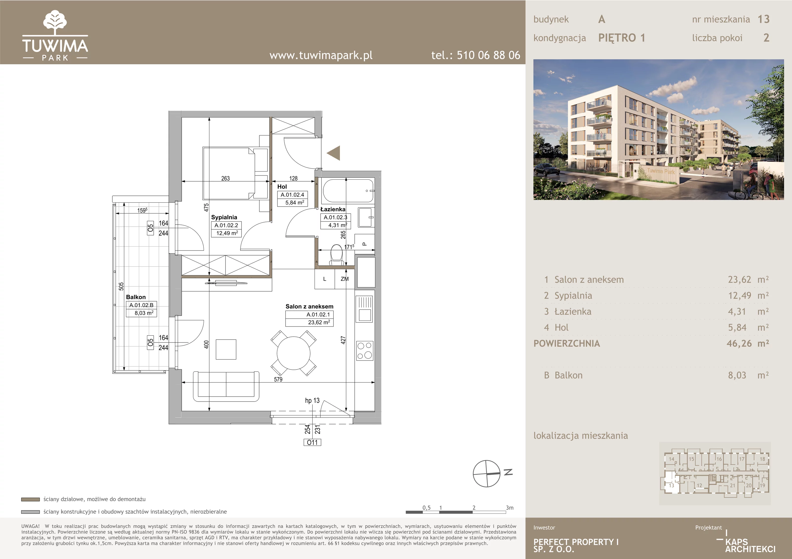 2 pokoje, mieszkanie 46,26 m², piętro 1, oferta nr 13, Tuwima Park, Grójec, ul. Poetów 2