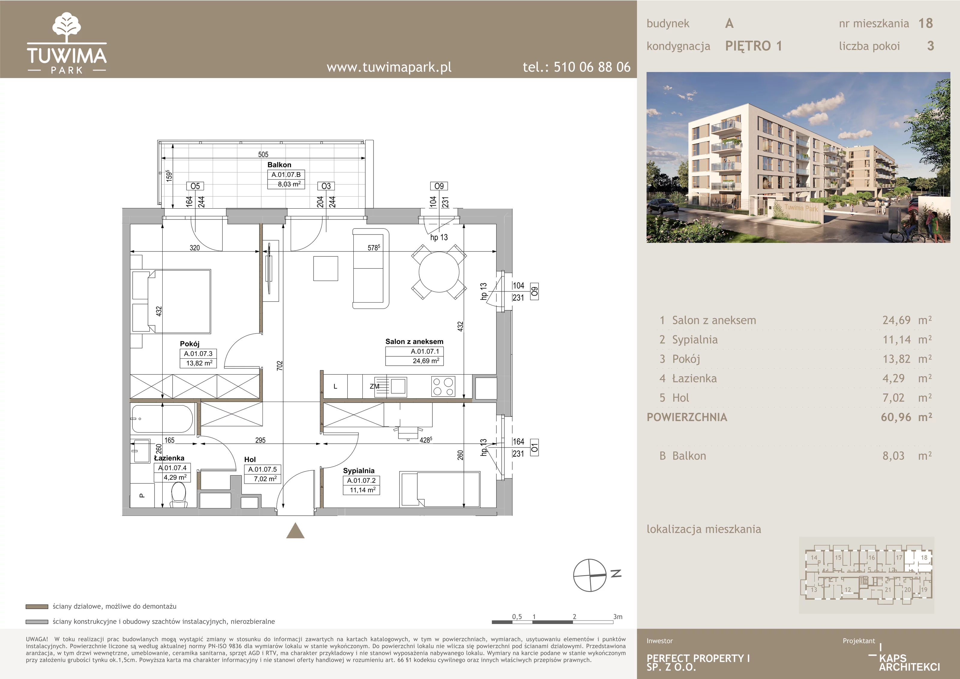 3 pokoje, mieszkanie 60,96 m², piętro 1, oferta nr 18, Tuwima Park, Grójec, ul. Poetów 2
