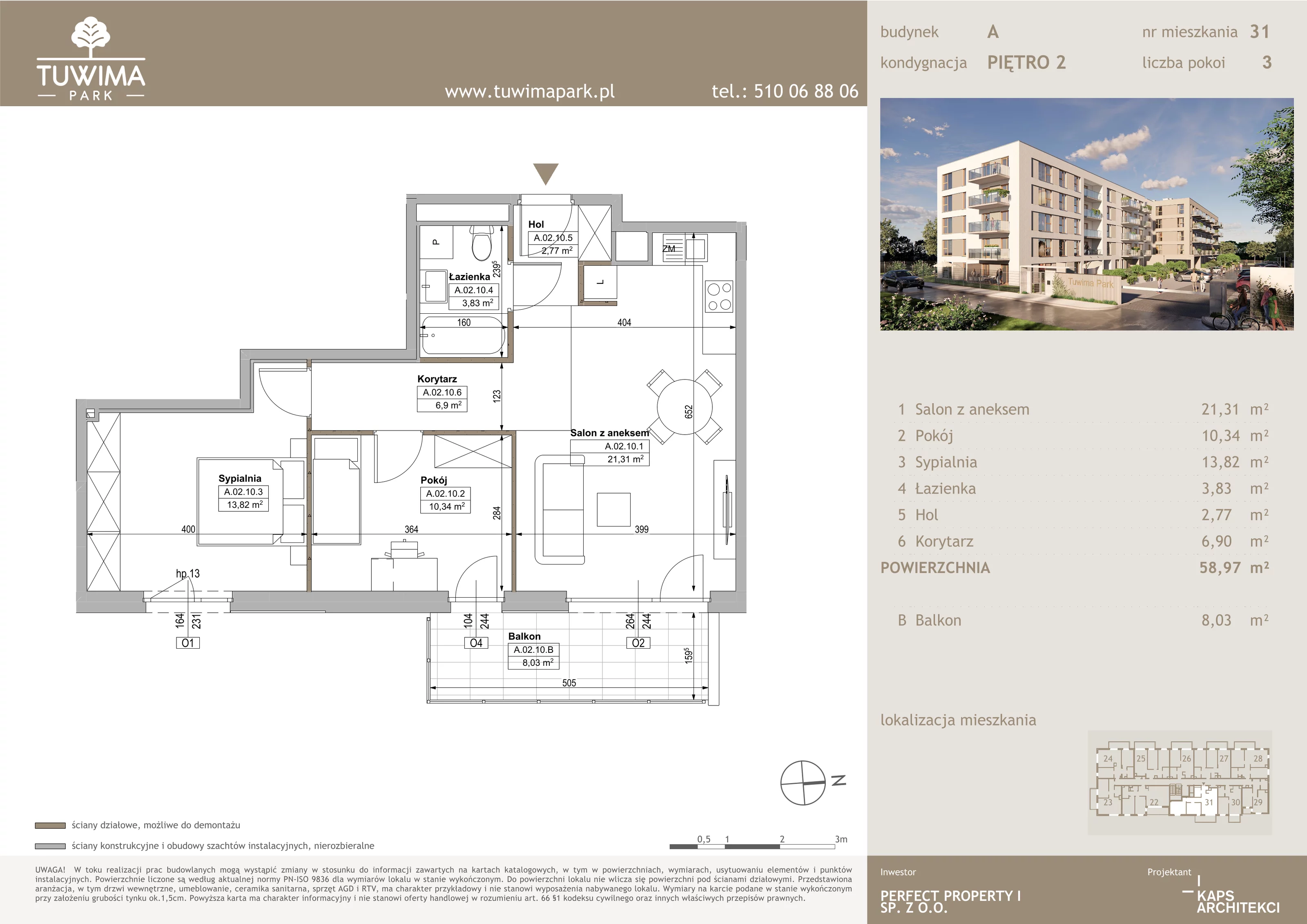 3 pokoje, mieszkanie 58,97 m², piętro 2, oferta nr 31, Tuwima Park, Grójec, ul. Poetów 2