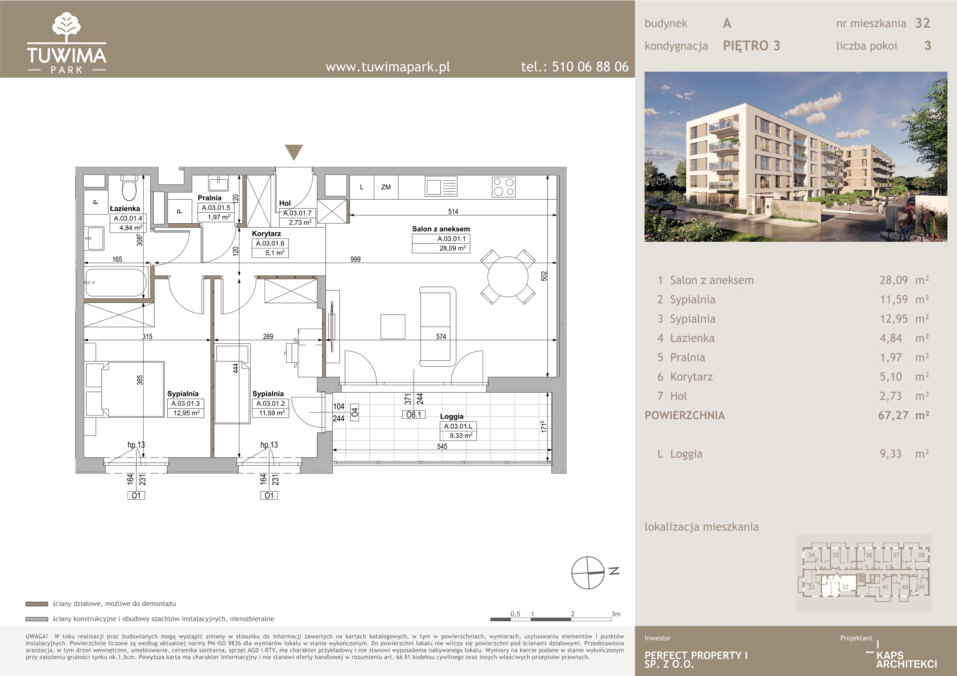 3 pokoje, mieszkanie 67,27 m², piętro 3, oferta nr 32, Tuwima Park, Grójec, ul. Poetów 2
