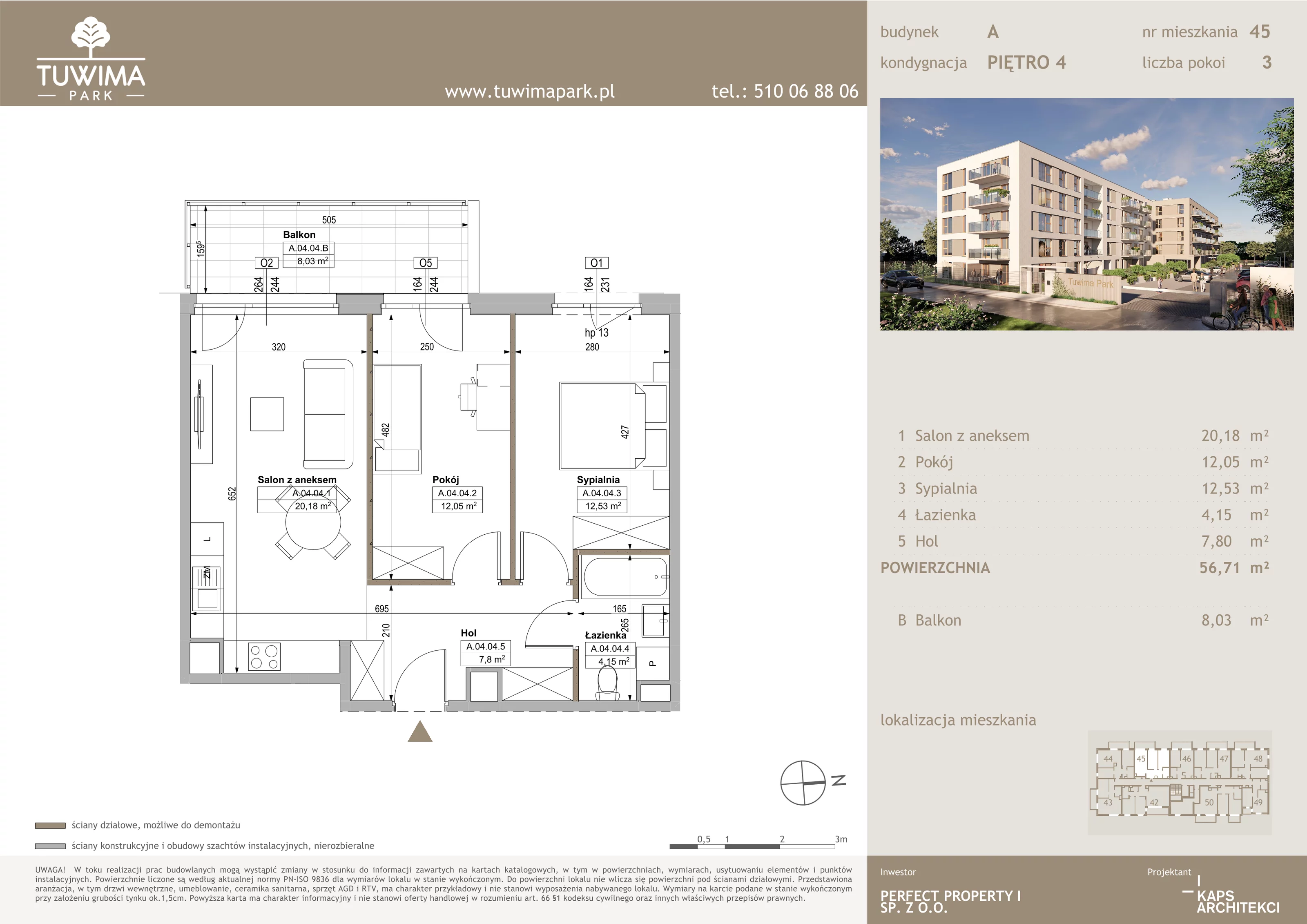 3 pokoje, mieszkanie 56,71 m², piętro 4, oferta nr 45, Tuwima Park, Grójec, ul. Poetów 2