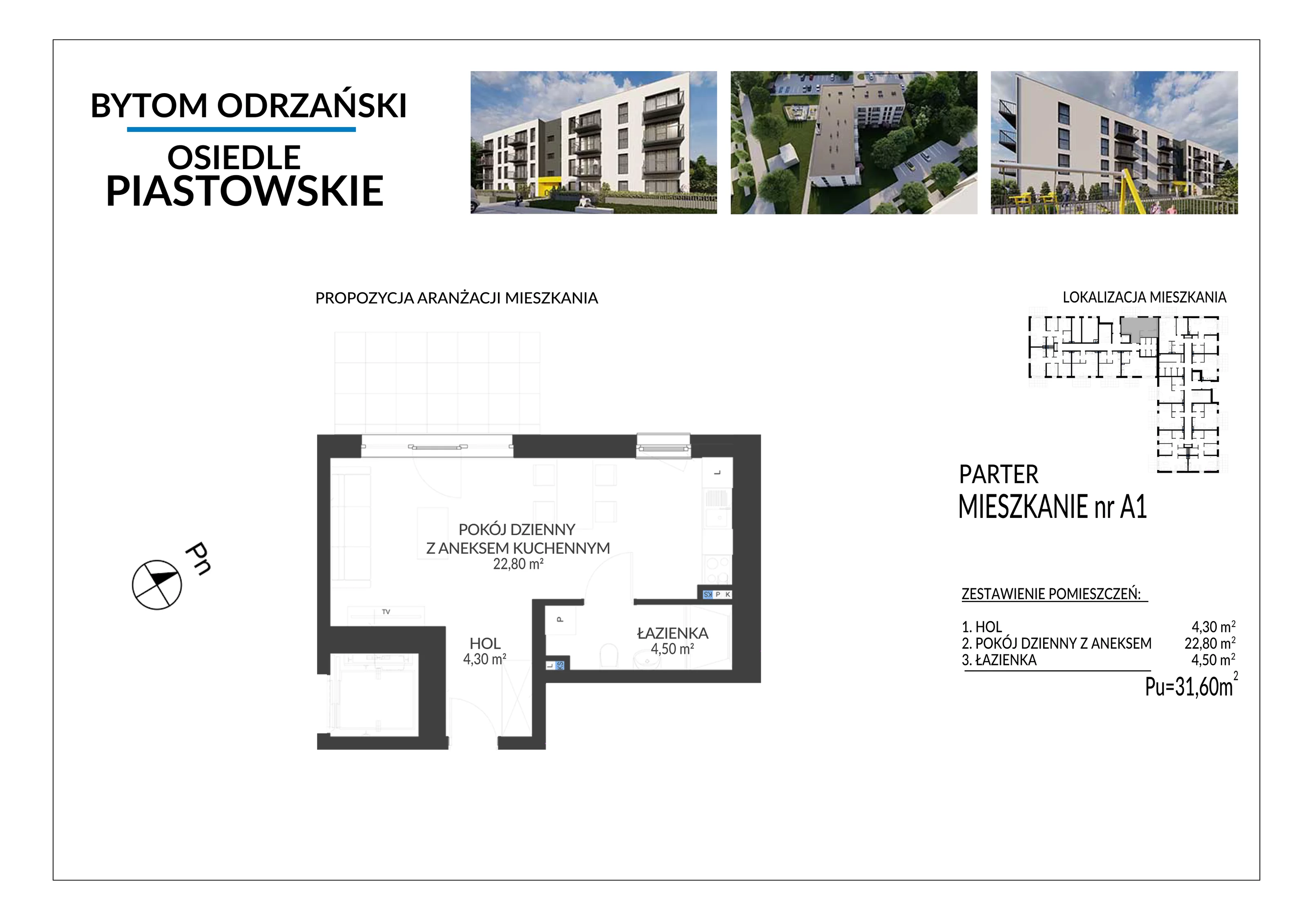 1 pokój, mieszkanie 31,60 m², parter, oferta nr A1, Osiedle Piastowskie, Bytom Odrzański, ul. Witosa