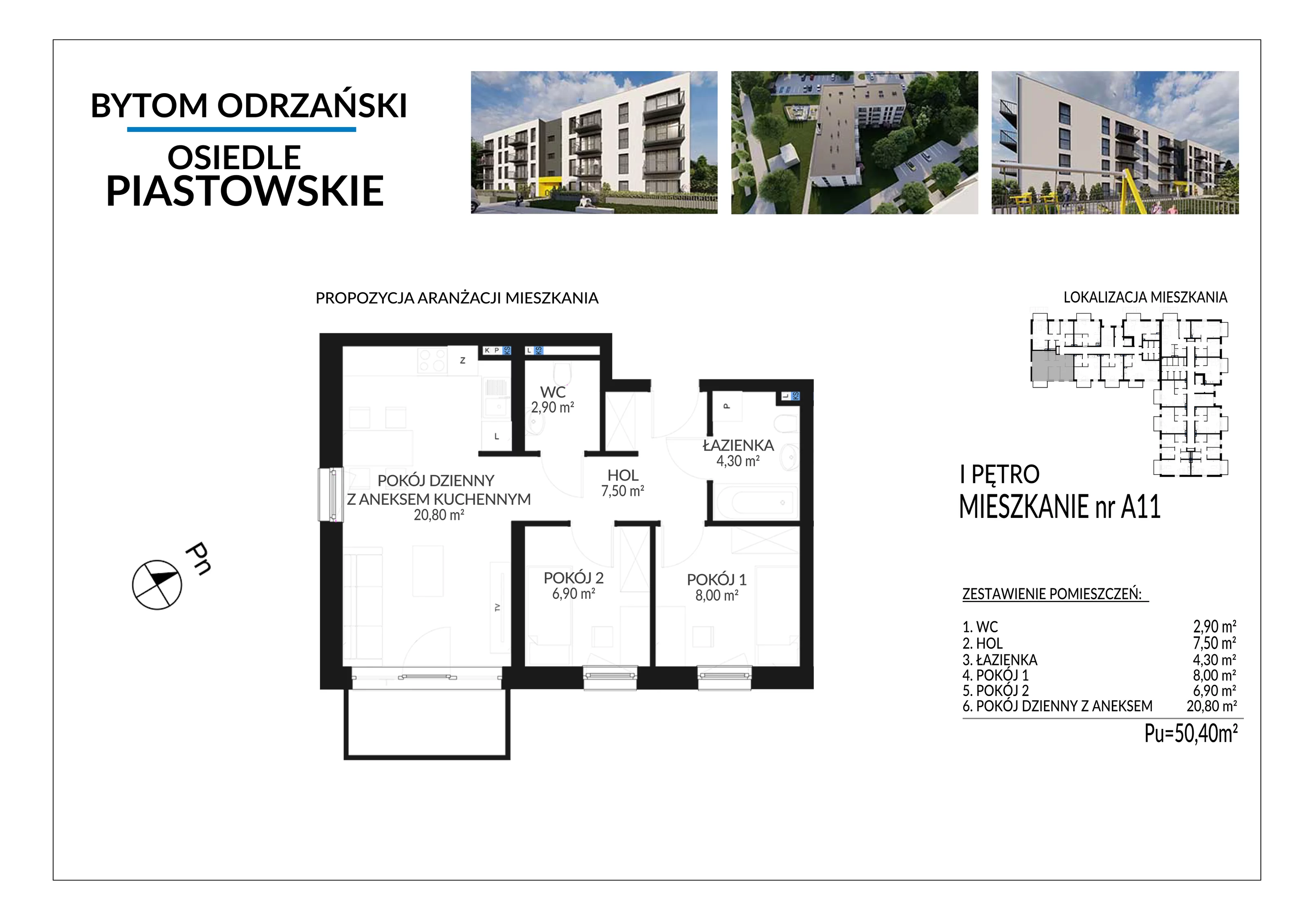 3 pokoje, mieszkanie 50,40 m², piętro 1, oferta nr A11, Osiedle Piastowskie, Bytom Odrzański, ul. Witosa